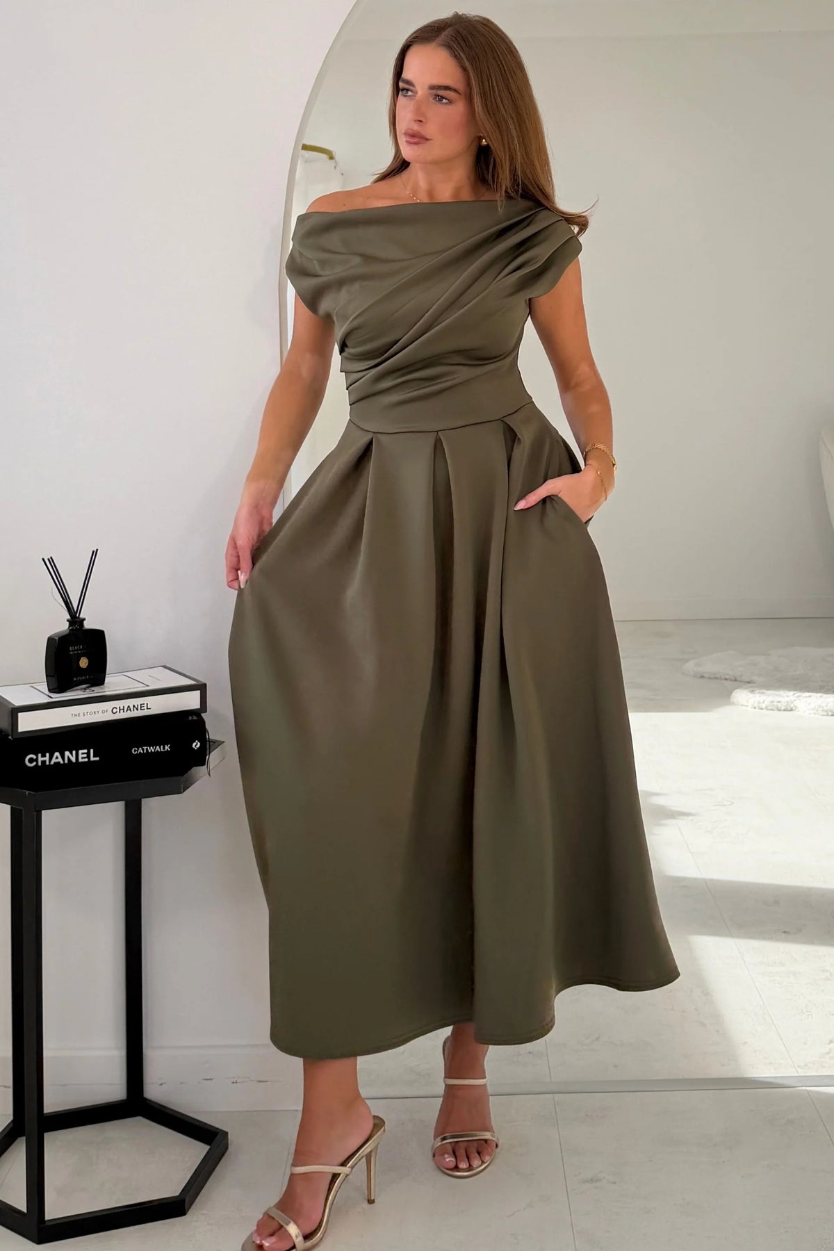 Girl In Mind Betty Asymmetric Khaki Green Midi Dress