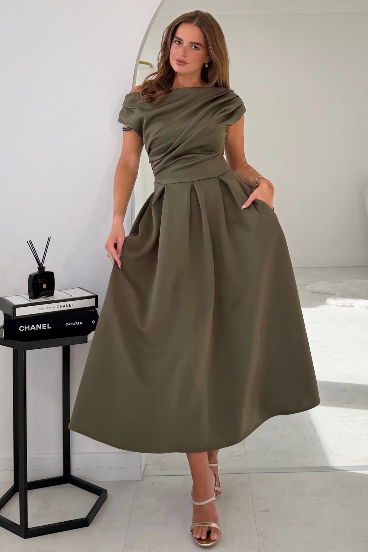 Girl In Mind Betty Asymmetric Khaki Green Midi Dress