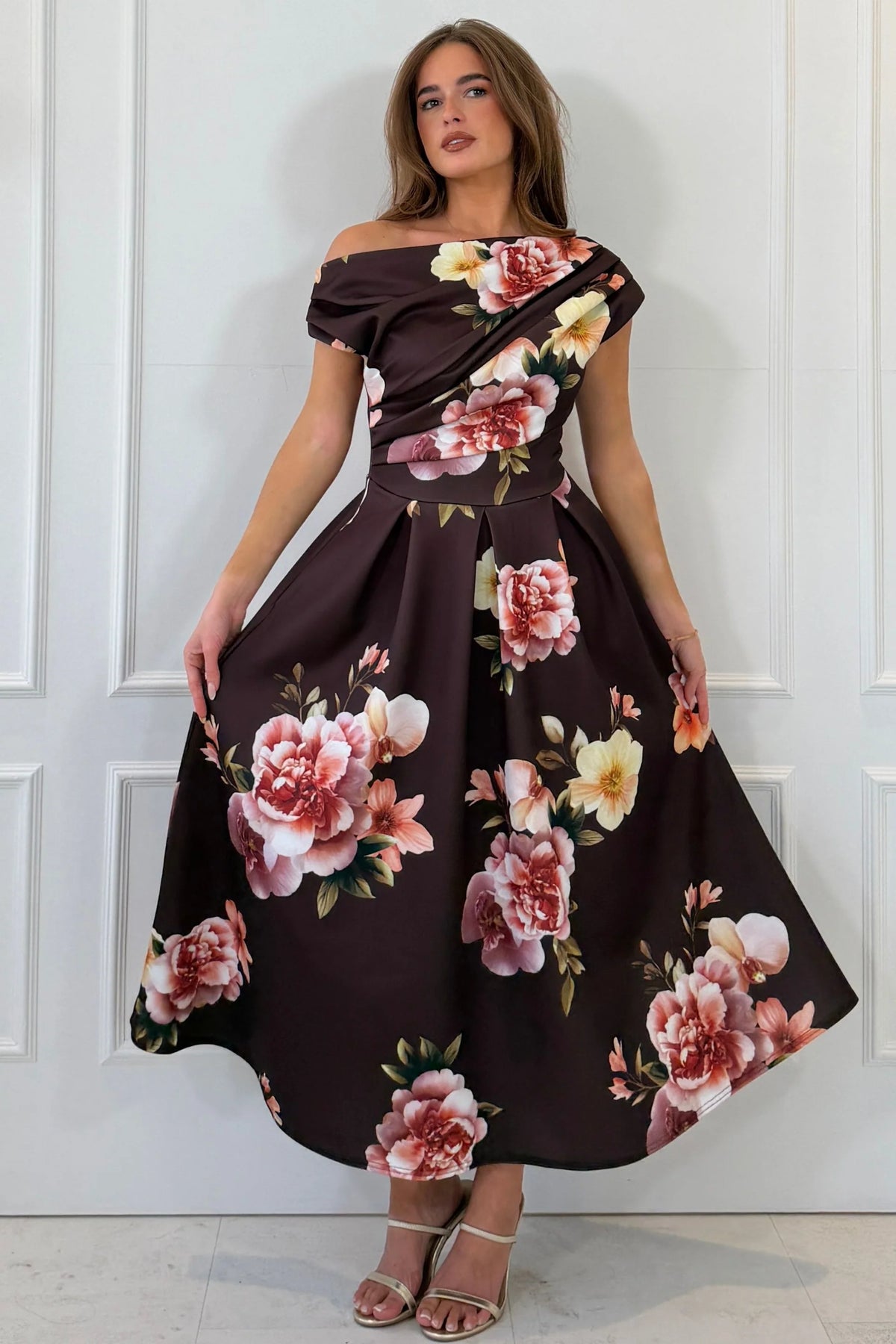Girl In Mind Betty Asymmetric Brown Pink Floral Midi Dress