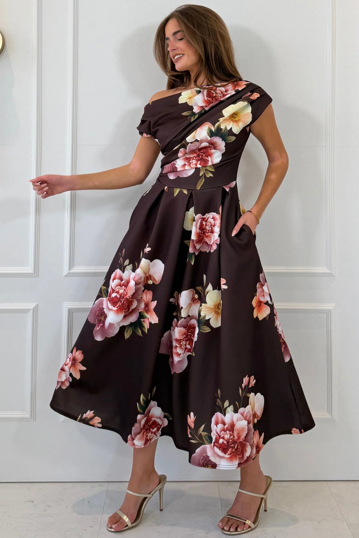 Girl In Mind Betty Asymmetric Brown Pink Floral Midi Dress