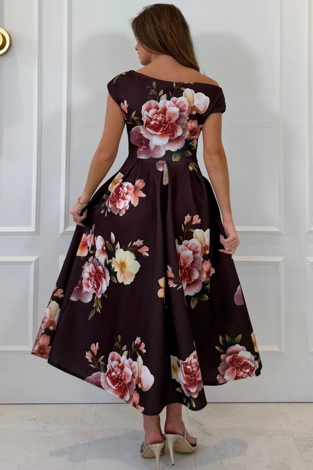 Girl In Mind Betty Asymmetric Brown Pink Floral Midi Dress