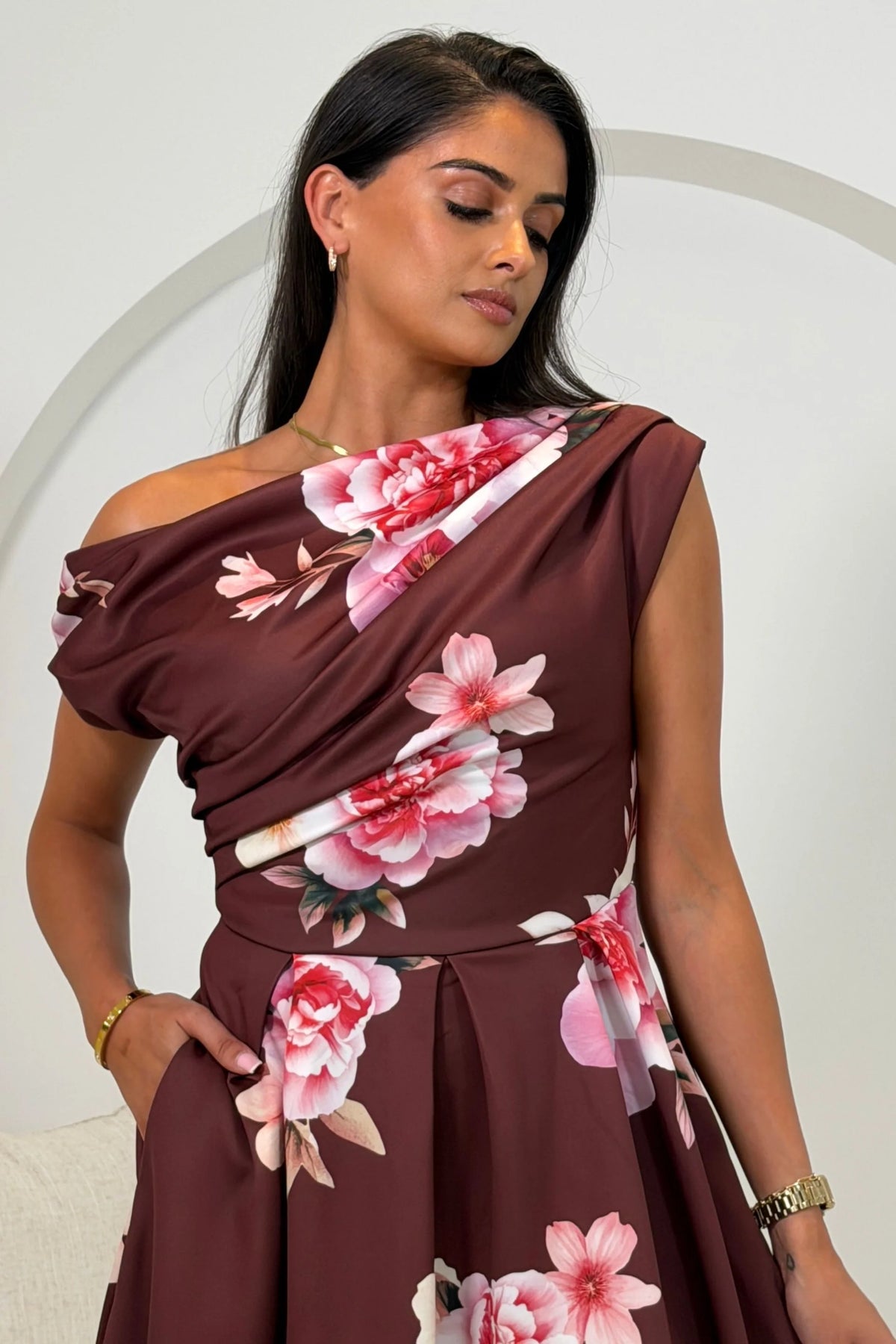 Girl In Mind Betty Asymmetric Burgundy Wine Floral Midi Dress