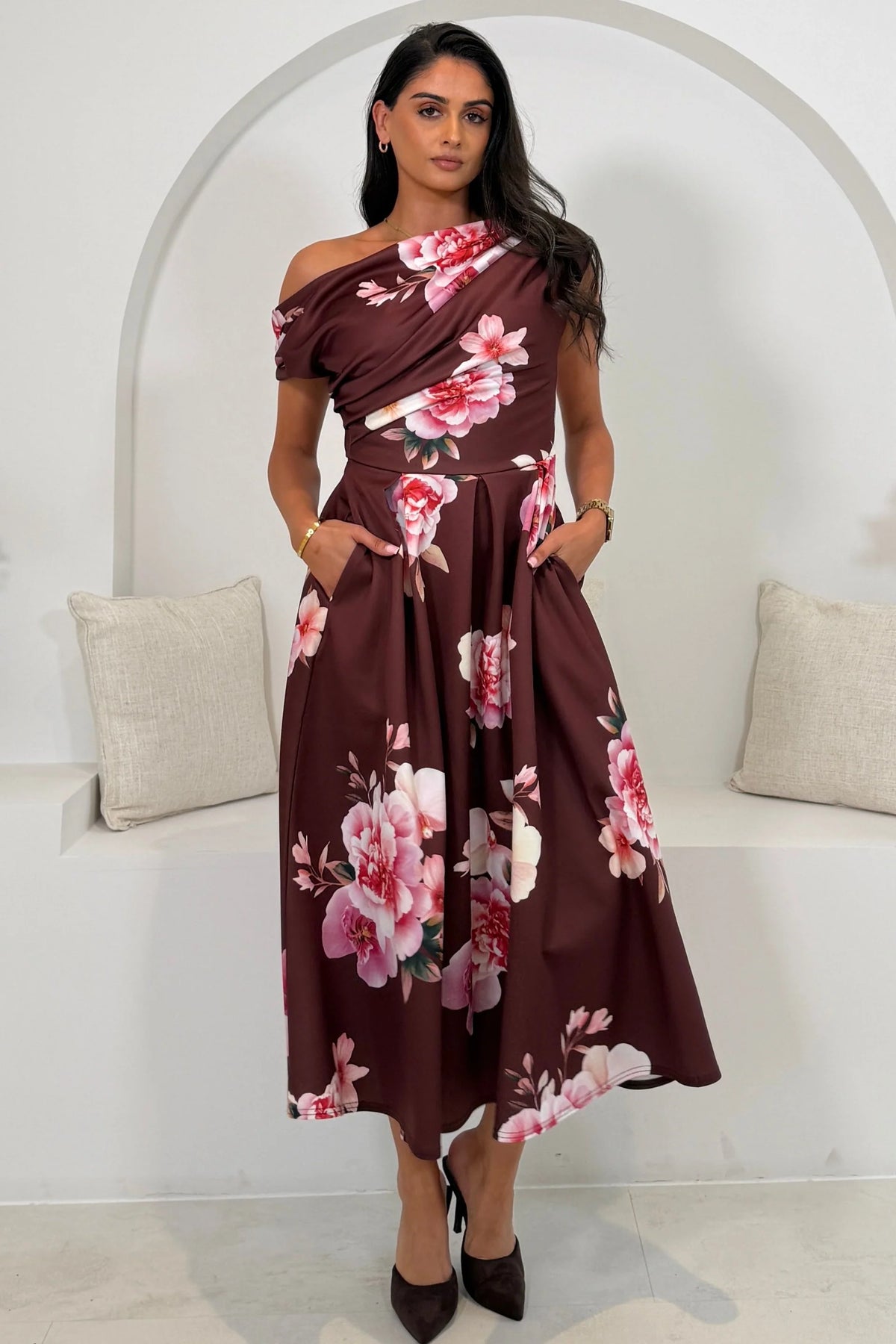 Girl In Mind Betty Asymmetric Burgundy Wine Floral Midi Dress