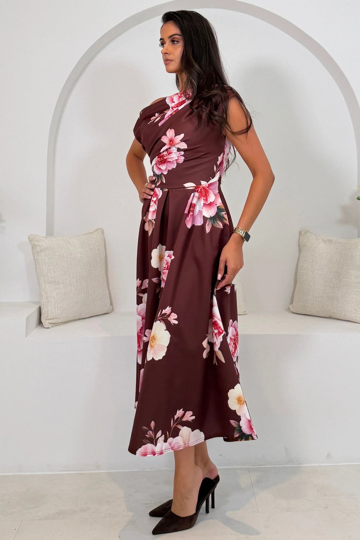 Girl In Mind Betty Asymmetric Burgundy Wine Floral Midi Dress