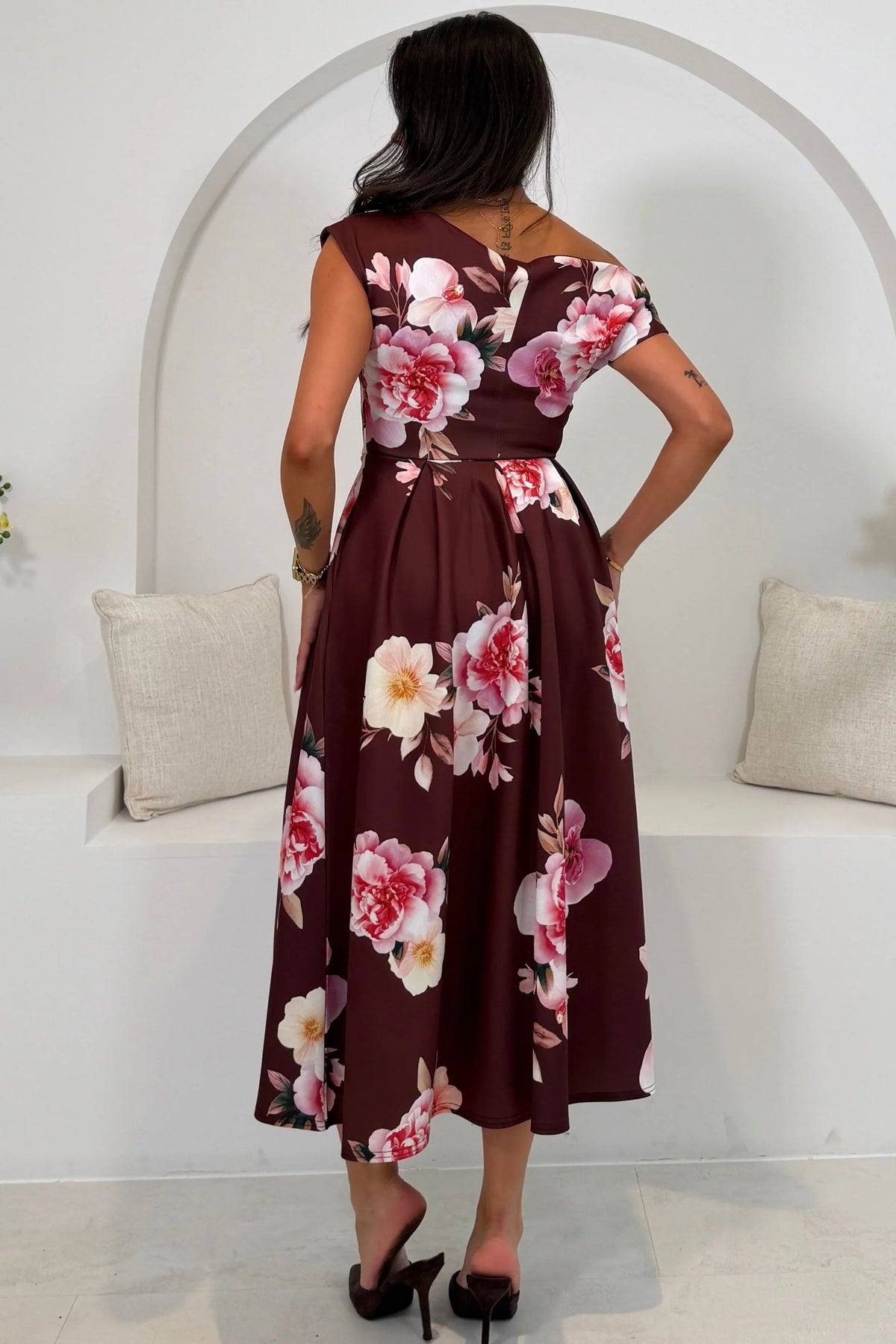 Girl In Mind Betty Asymmetric Burgundy Wine Floral Midi Dress