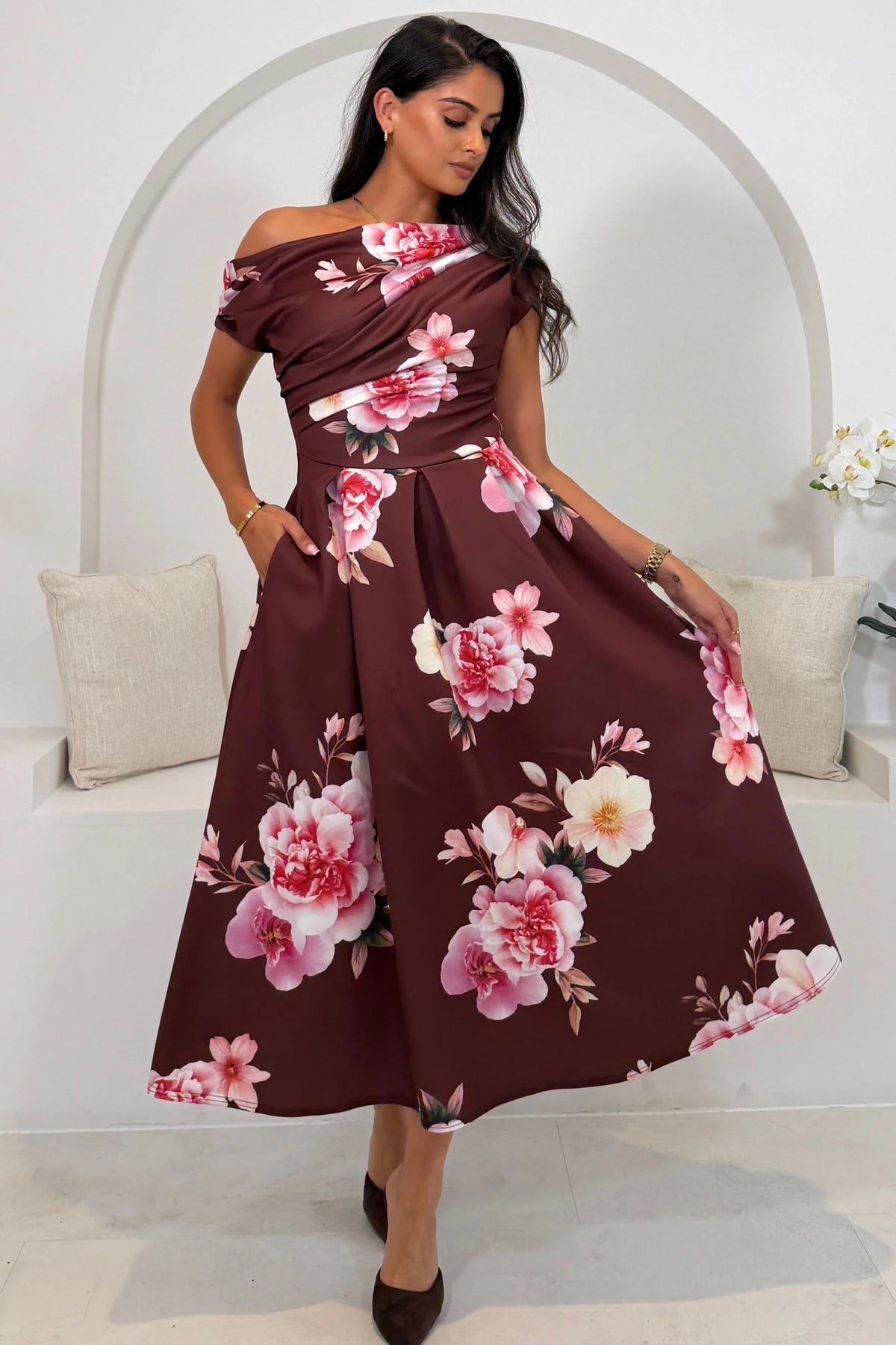 Girl In Mind Betty Asymmetric Burgundy Wine Floral Midi Dress