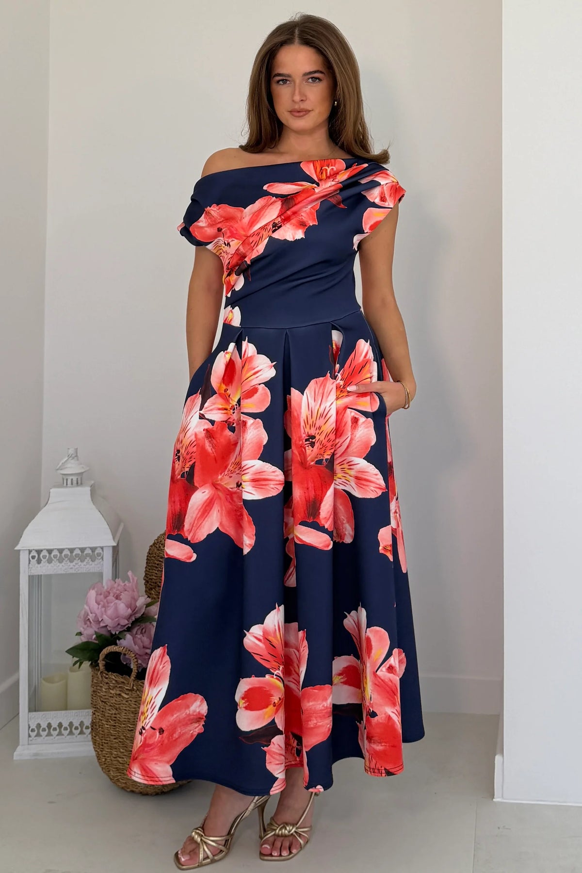 Girl In Mind Betty Asymmetric Navy Floral Midi Dress