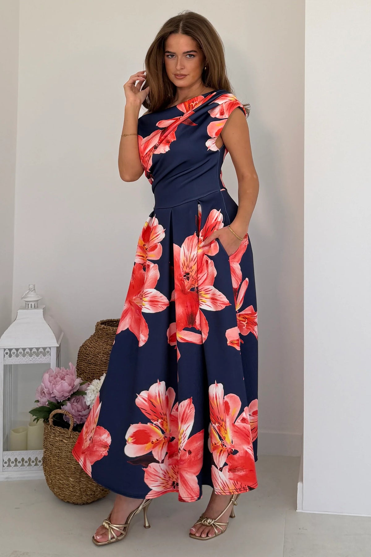 Girl In Mind Betty Asymmetric Navy Floral Midi Dress