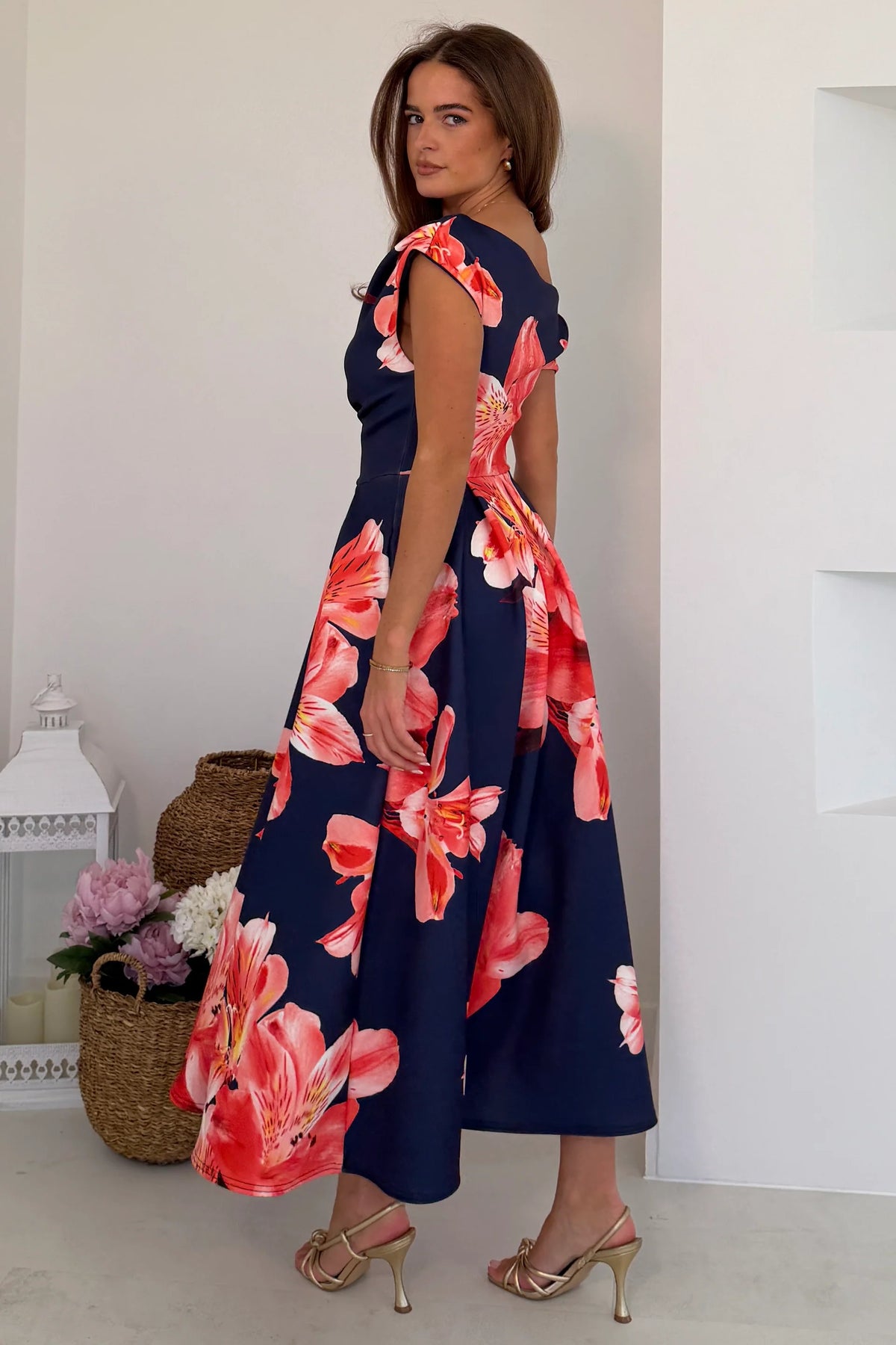 Girl In Mind Betty Asymmetric Navy Floral Midi Dress