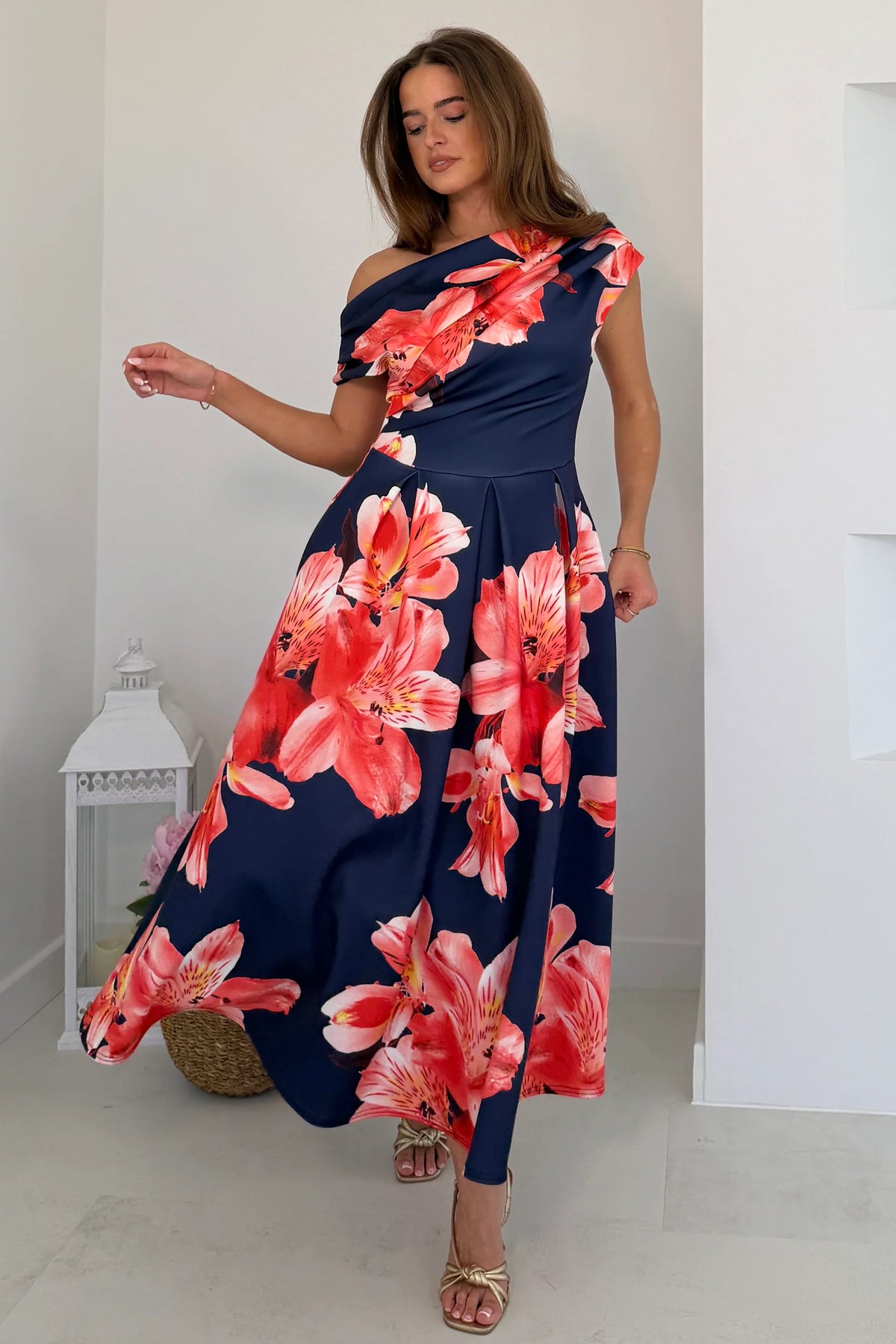 Girl In Mind Betty Asymmetric Navy Floral Midi Dress