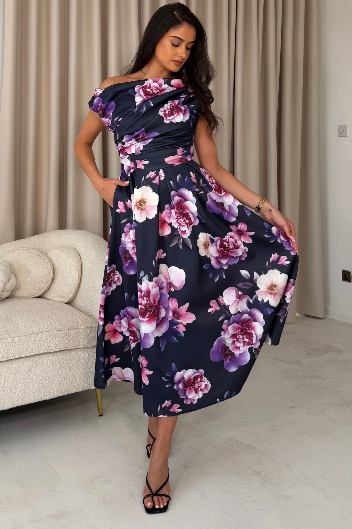 Girl In Mind Betty Asymmetric Navy Floral Midi Dress