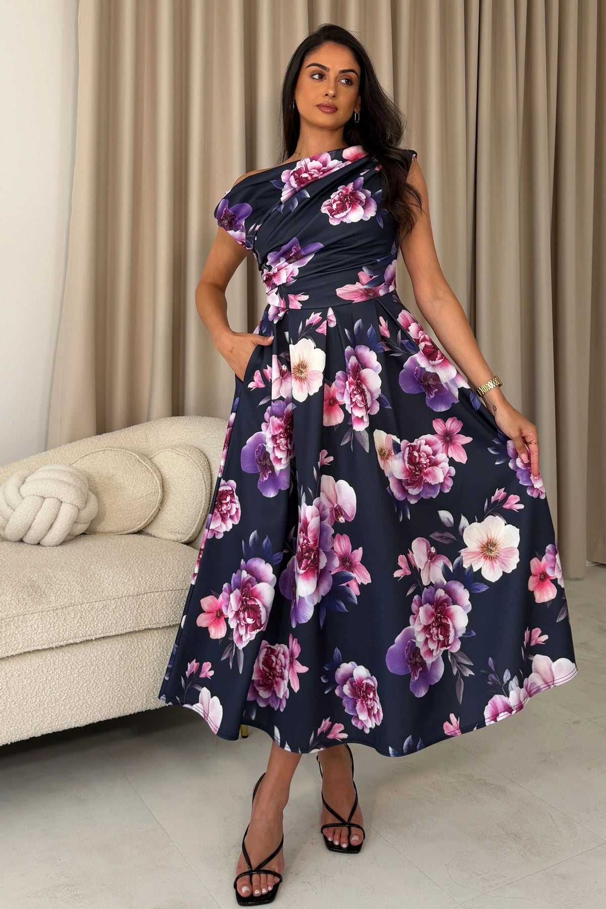 Girl In Mind Betty Asymmetric Navy Floral Midi Dress