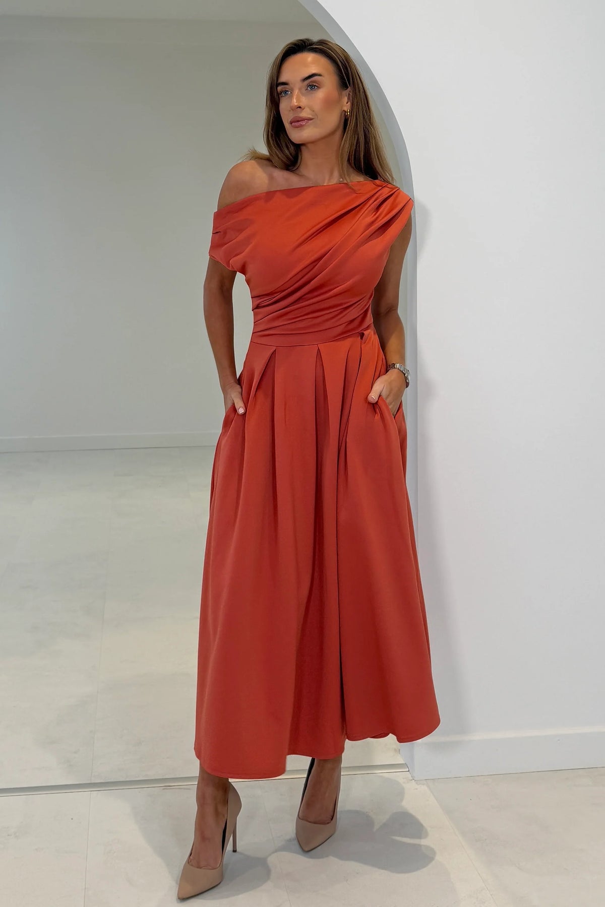 Girl In Mind Betty Asymmetric Clay Orange Midi Dress