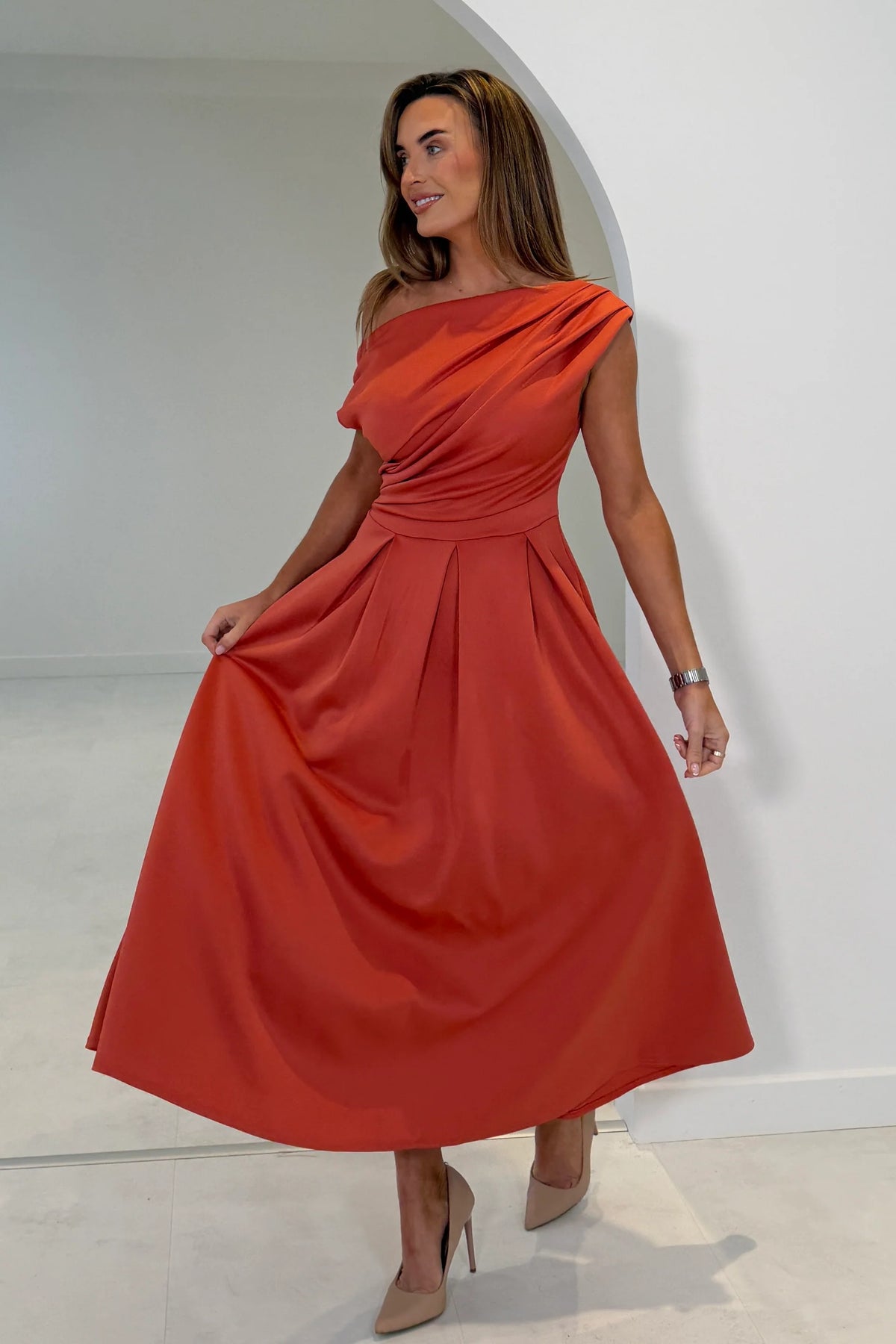 Girl In Mind Betty Asymmetric Clay Orange Midi Dress