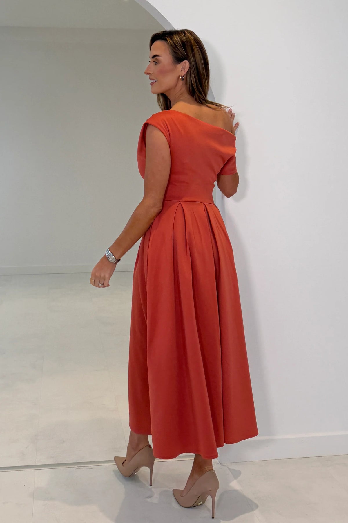 Girl In Mind Betty Asymmetric Clay Orange Midi Dress – Love My Apparel