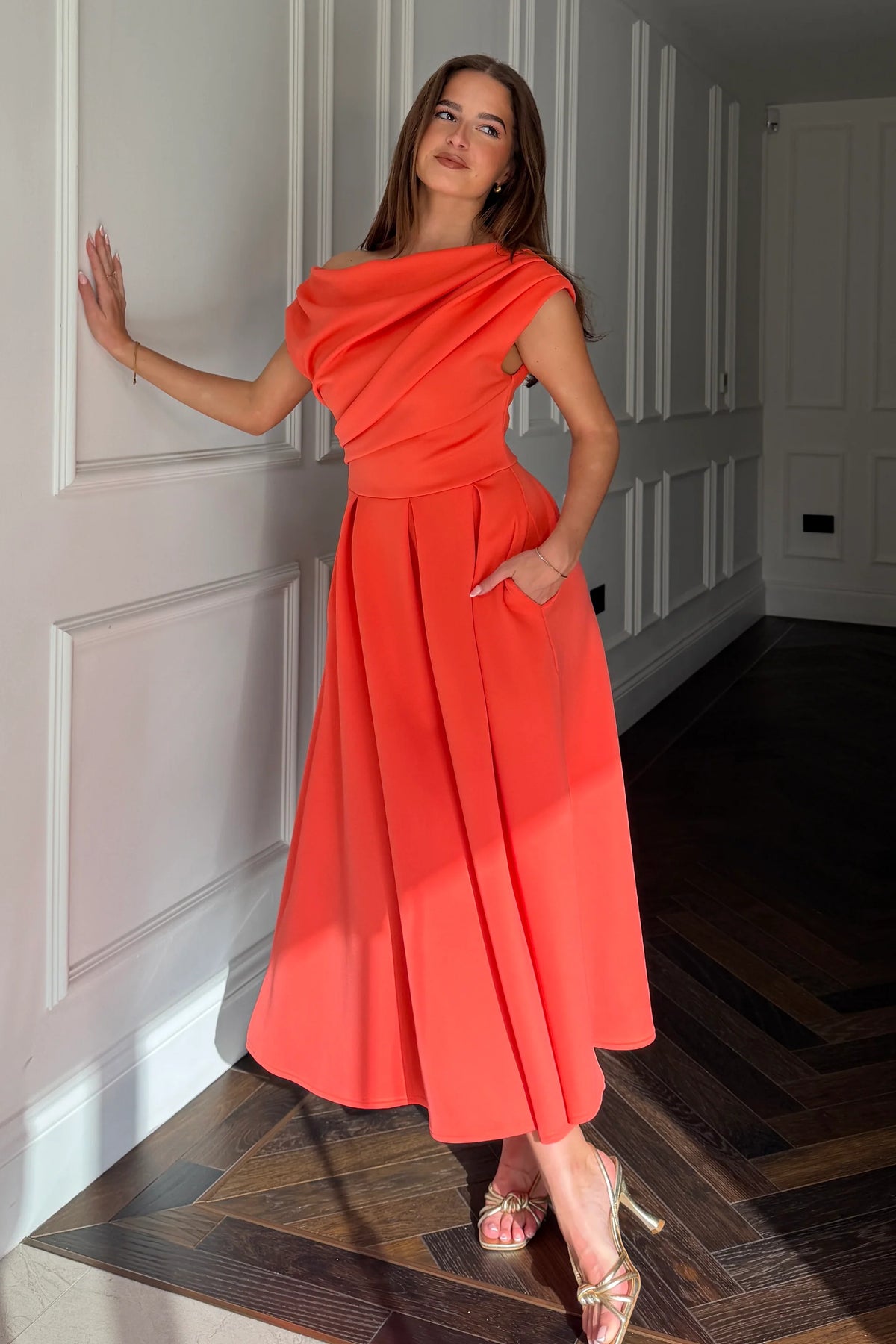 Girl In Mind Betty Asymmetric Orange Coral Midi Dress