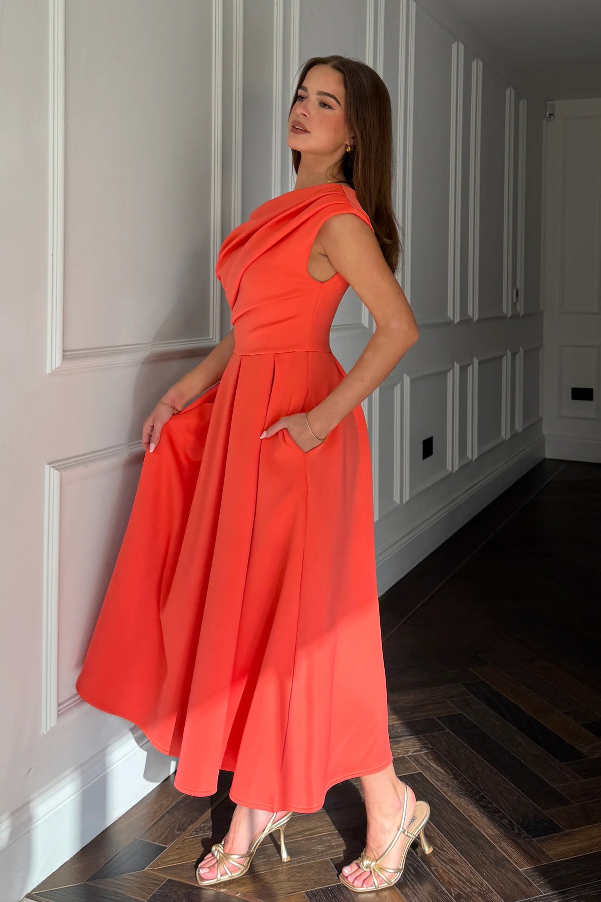 Girl In Mind Betty Asymmetric Orange Coral Midi Dress