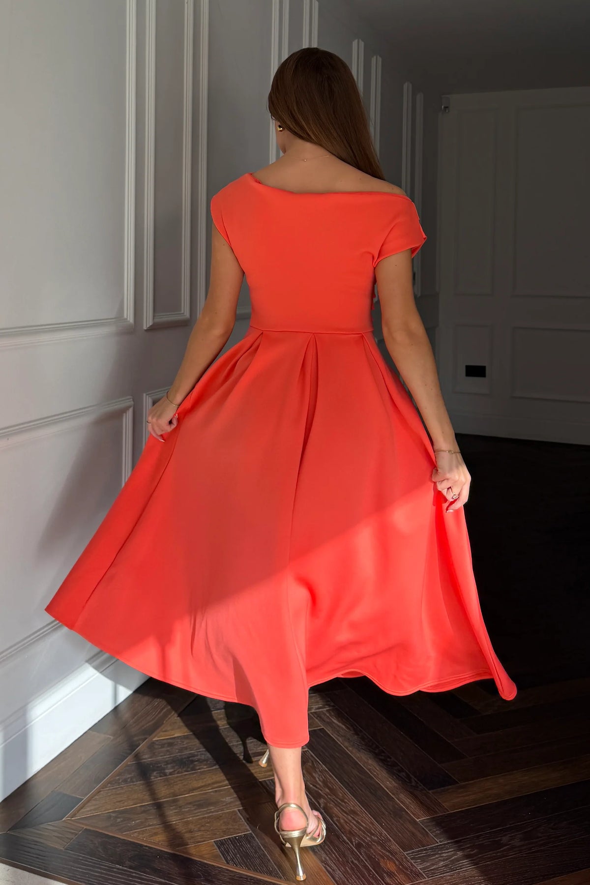 Girl In Mind Betty Asymmetric Orange Coral Midi Dress