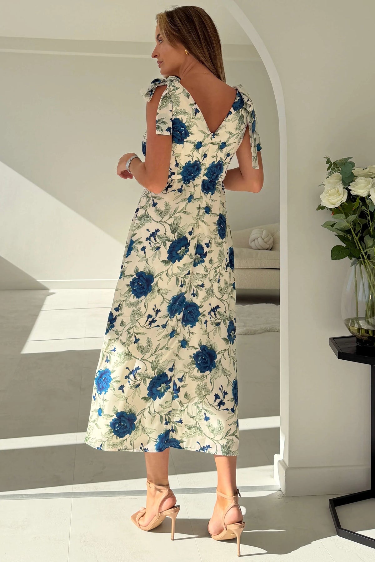 Girl In Mind Beverly White Navy Blue Floral Tie Shoulder Midi Dress