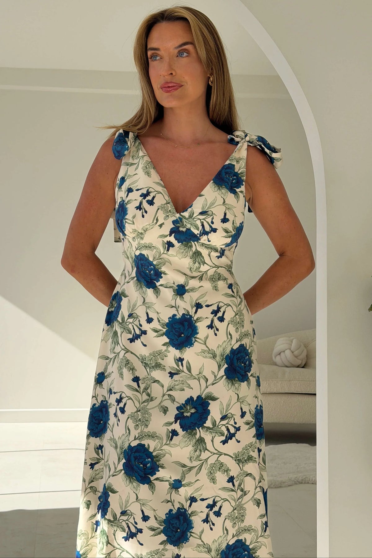 Girl In Mind Beverly White Navy Blue Floral Tie Shoulder Midi Dress