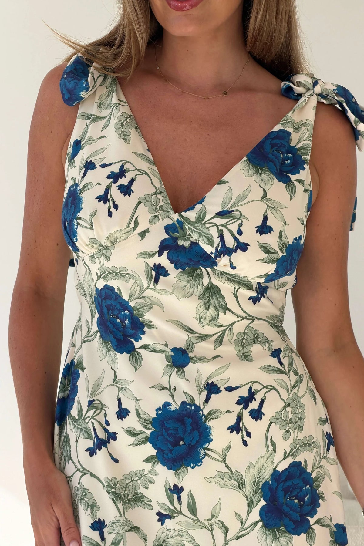 Girl In Mind Beverly White Navy Blue Floral Tie Shoulder Midi Dress