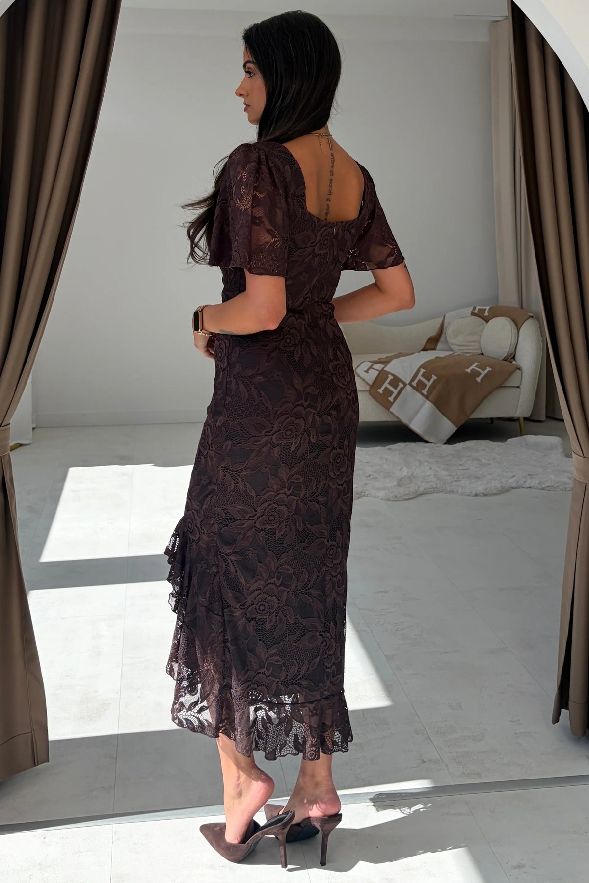 Girl In Mind Heidi Brown Lace Ruched Midi Dress