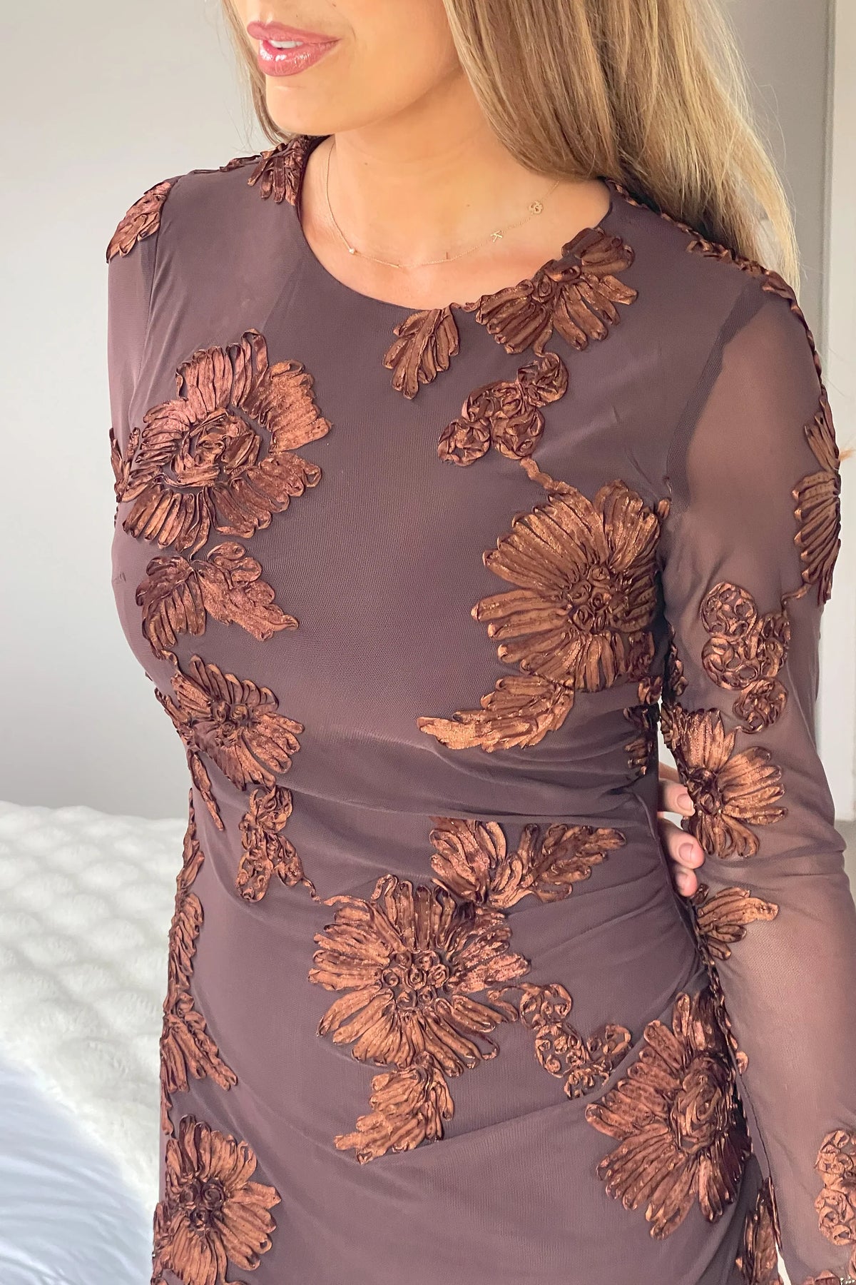 Girl In Mind Elodie Floral Embroidered Brown Midi Dress