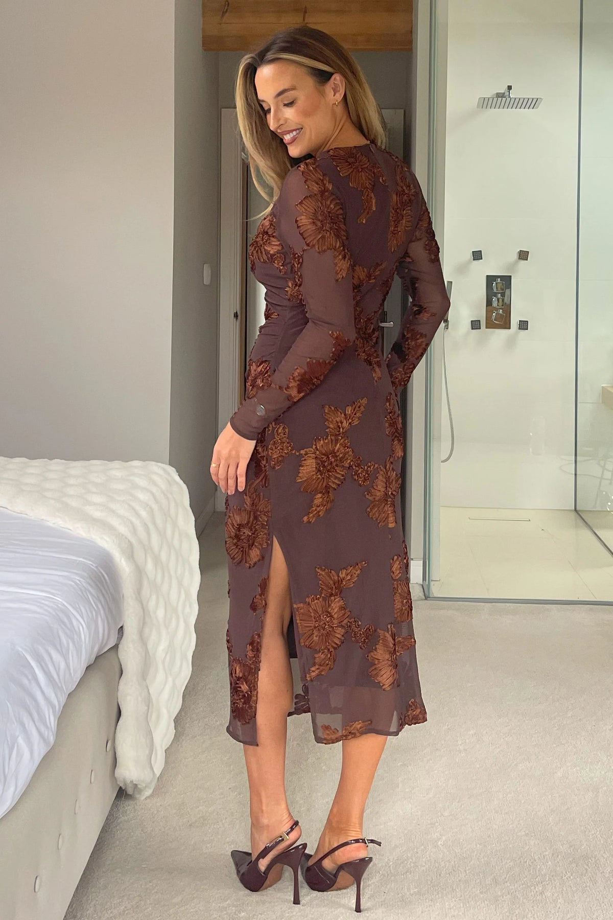 violet romance mesh midi dress in brown swirl print Eloise Hand Beaded Mini Dress / Pink Swirl Print | MESHKI