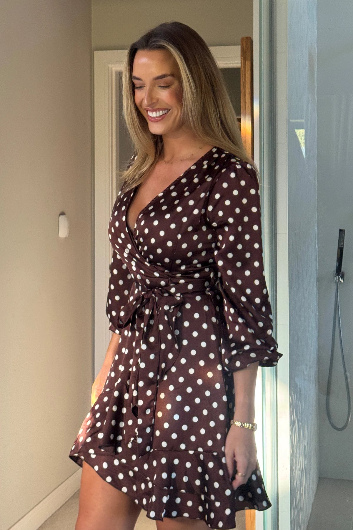 Girl In Mind Bryce Wrap Front Long Sleeve Brown Polka Dot Mini Dress – Love My Apparel Girl In Mind Bryce Wrap Front Long Sleeve Brown Polka Dot Mini Dress – Love My Apparel