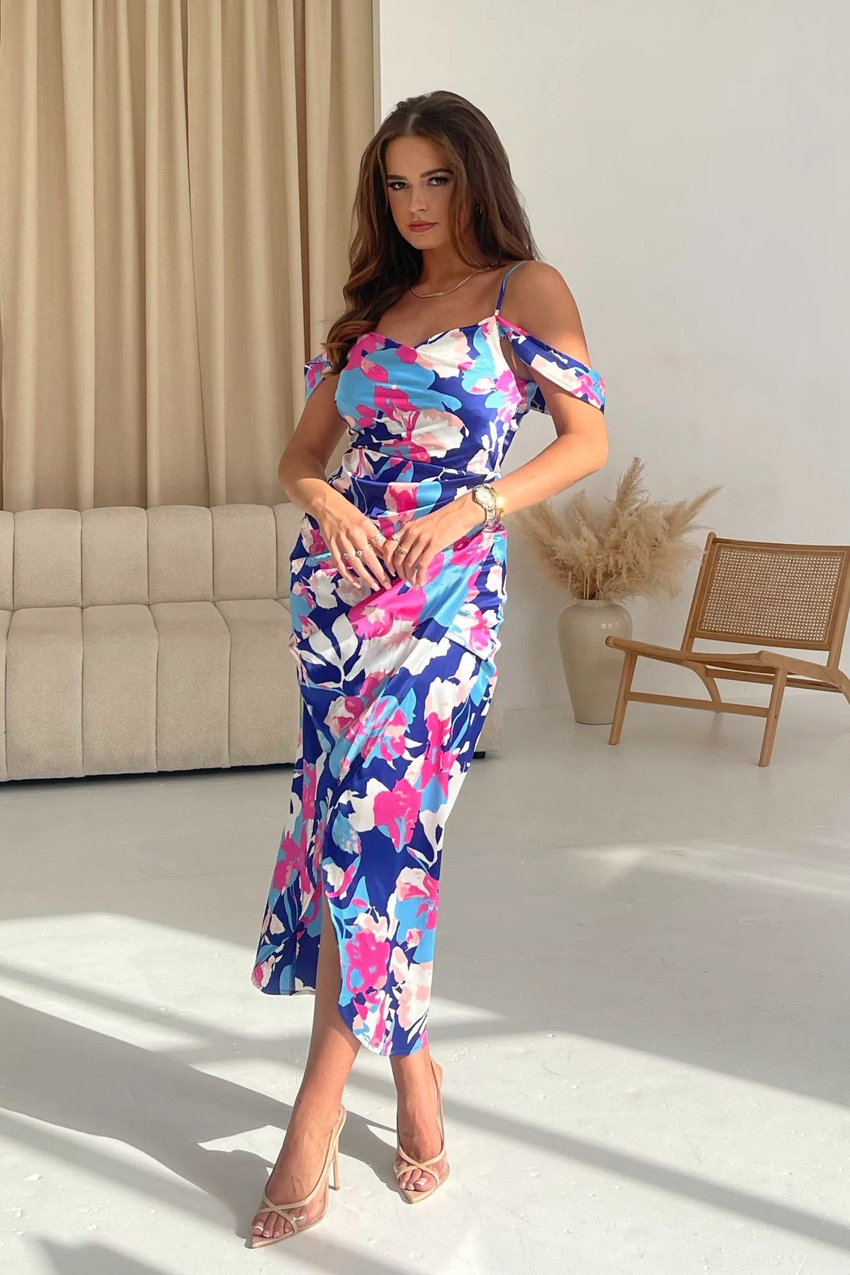 Girl In Mind Camila Blue And Pink Floral Satin Wrap Midi Dress