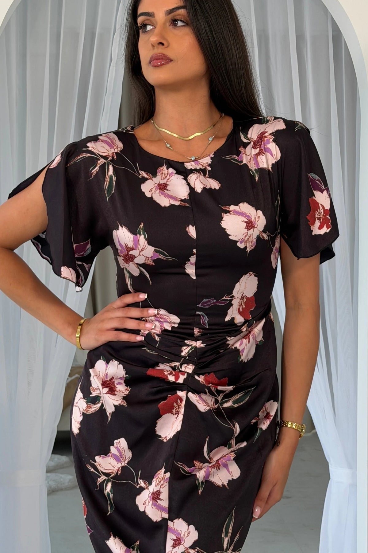 Girl In Mind Cleo Ruched Black Oriental Midi Dress