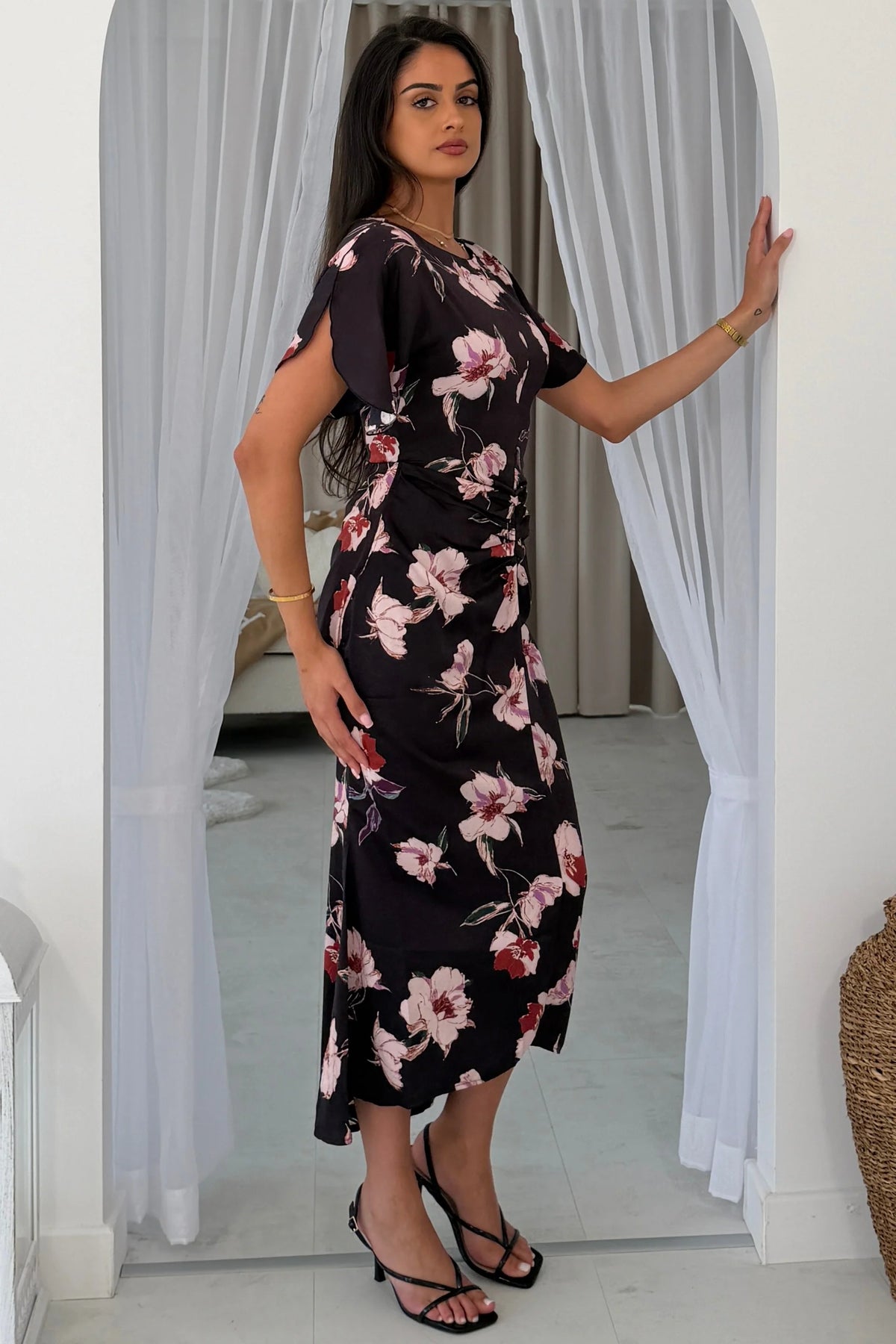 Girl In Mind Cleo Ruched Black Oriental Midi Dress