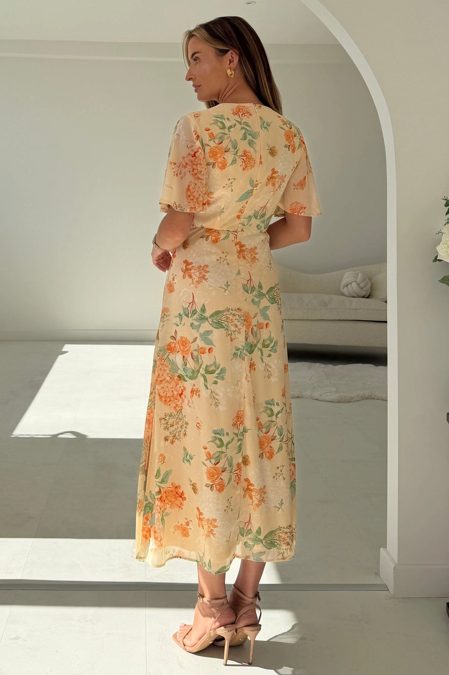 Girl In Mind Daisy Orange Floral Wrap Midi Dress