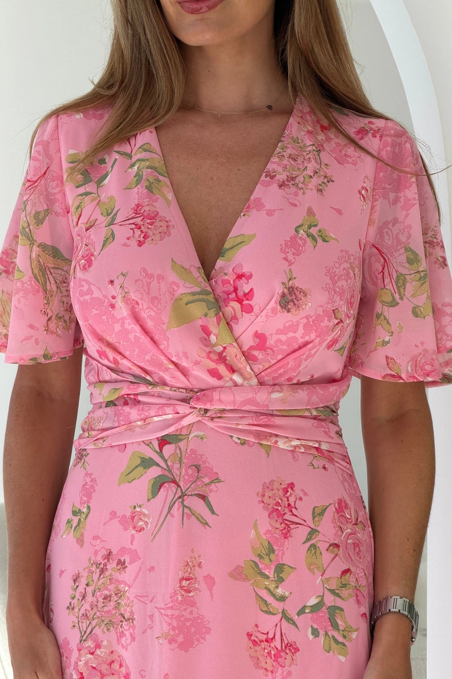 Girl In Mind Daisy Pink Floral Wrap Midi Dress