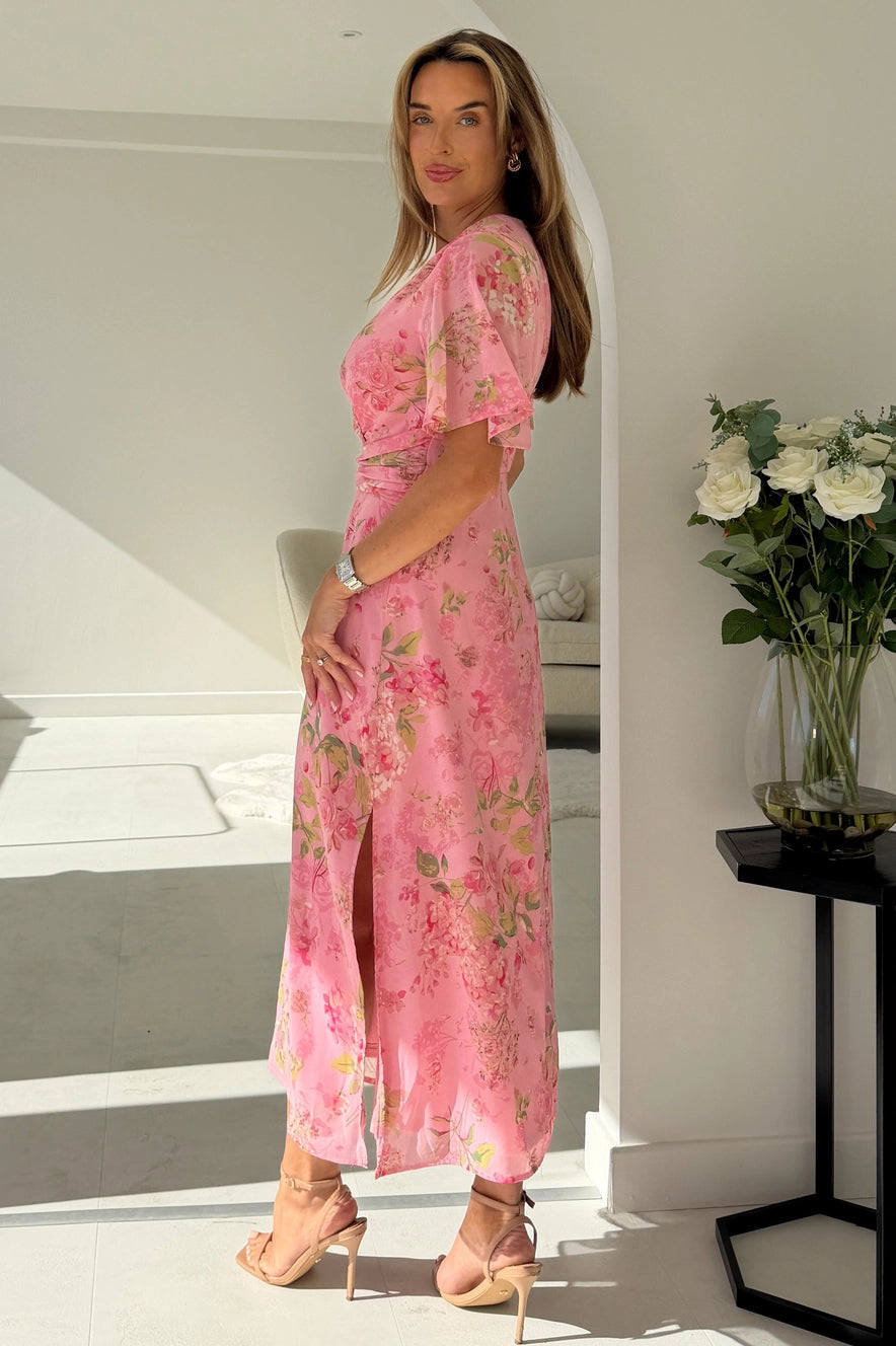 Girl In Mind Daisy Pink Floral Wrap Midi Dress