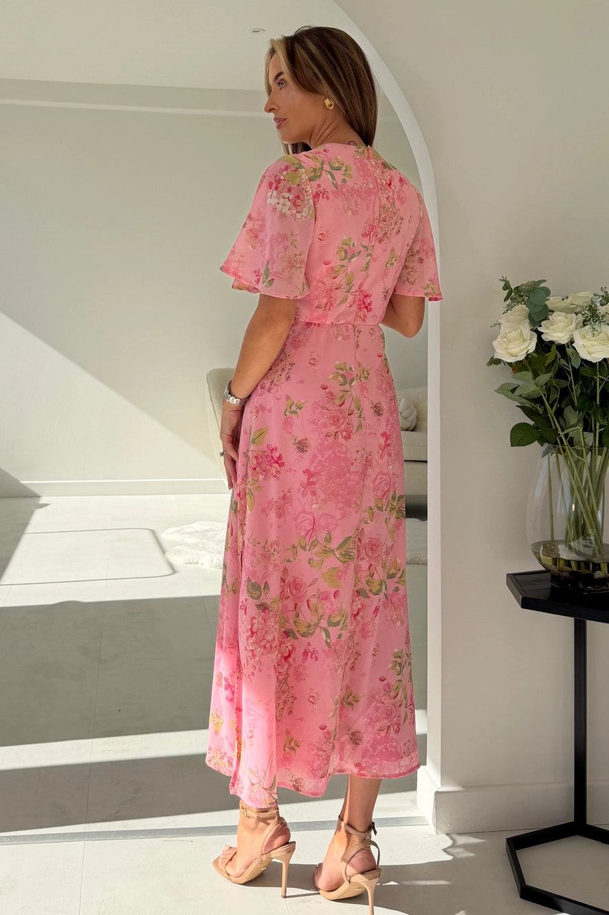 Girl In Mind Daisy Pink Floral Wrap Midi Dress