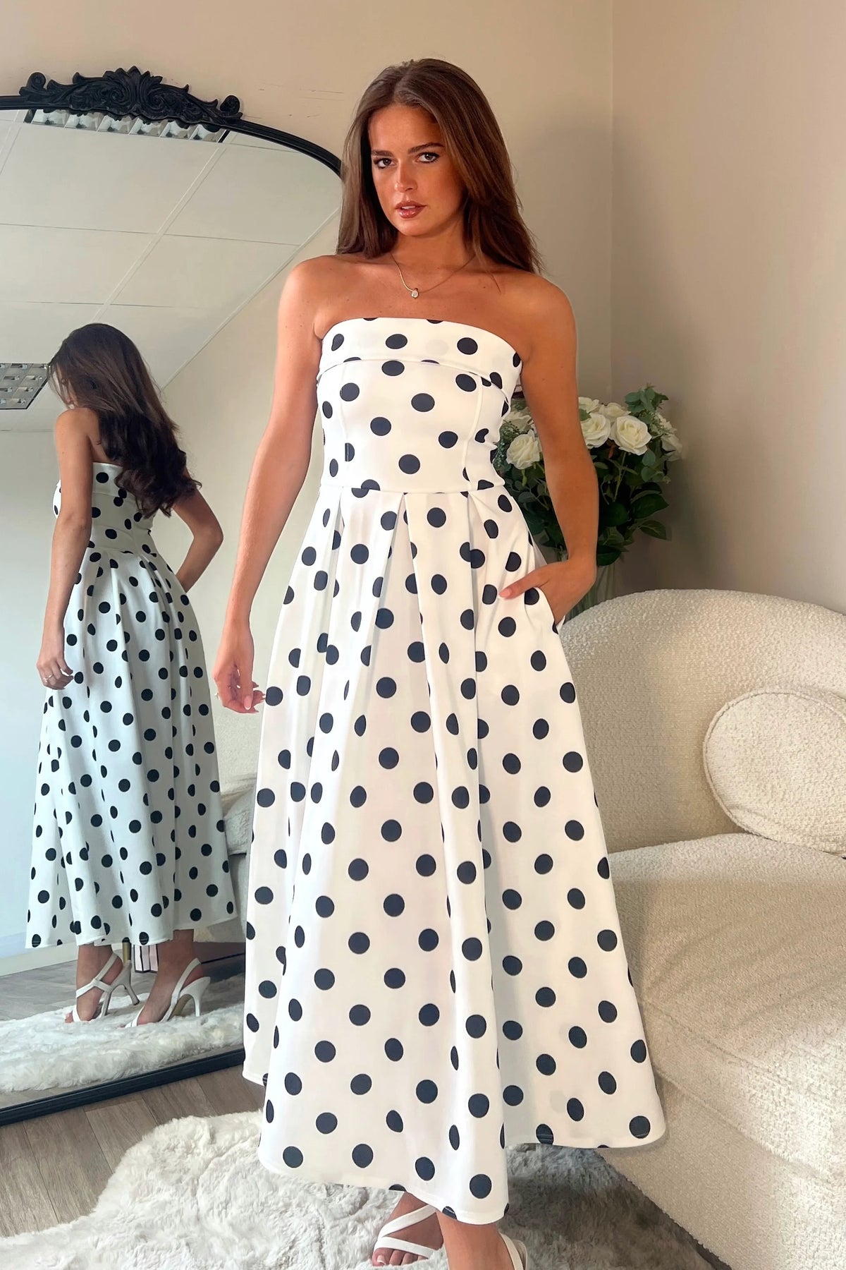 ladies white polka dot dress self-portrait - White Polka Dot Linen Midi Dress