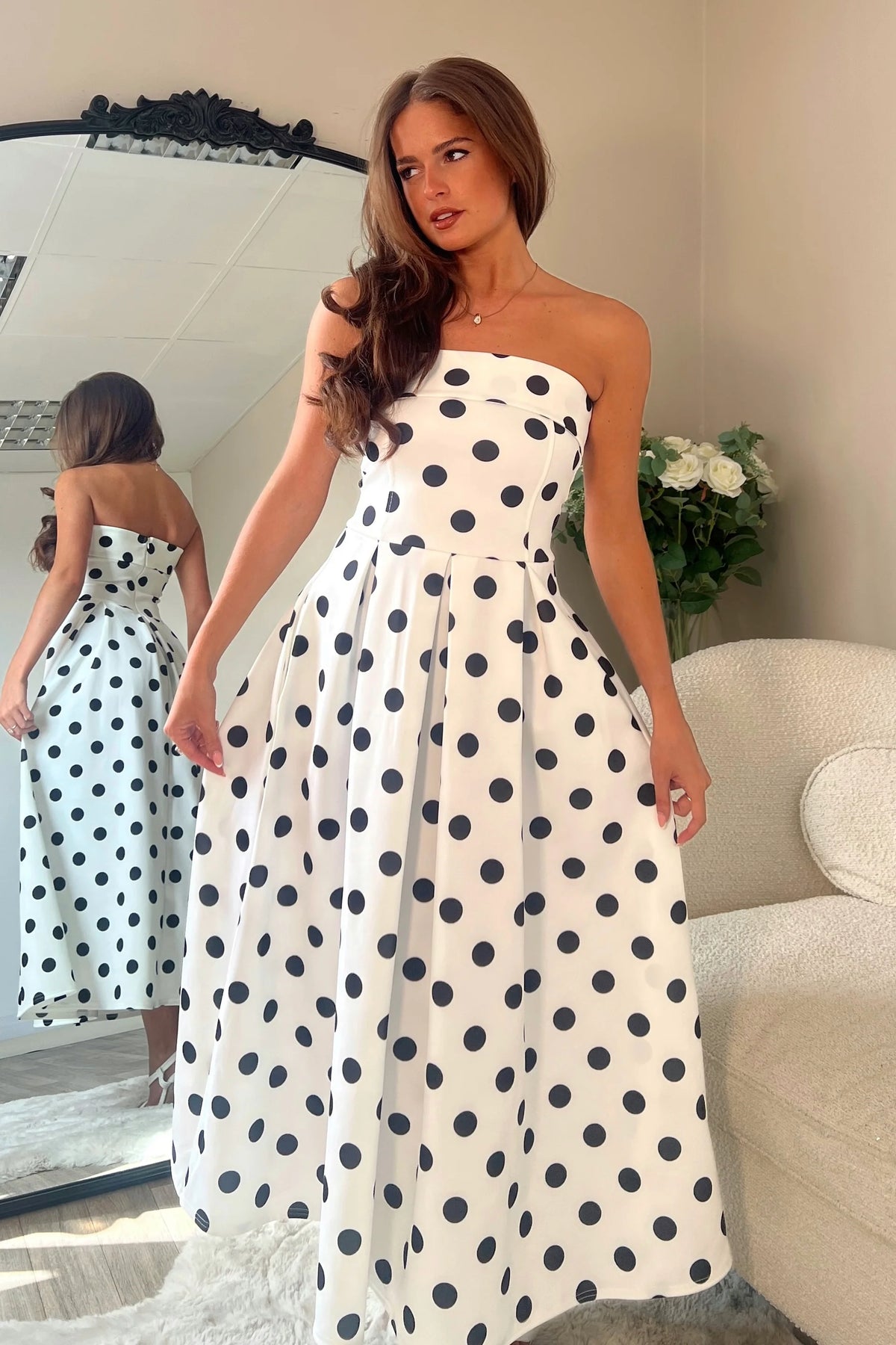 white dress with black spots White & Black Polka Dot Midi Dress - All Dresses