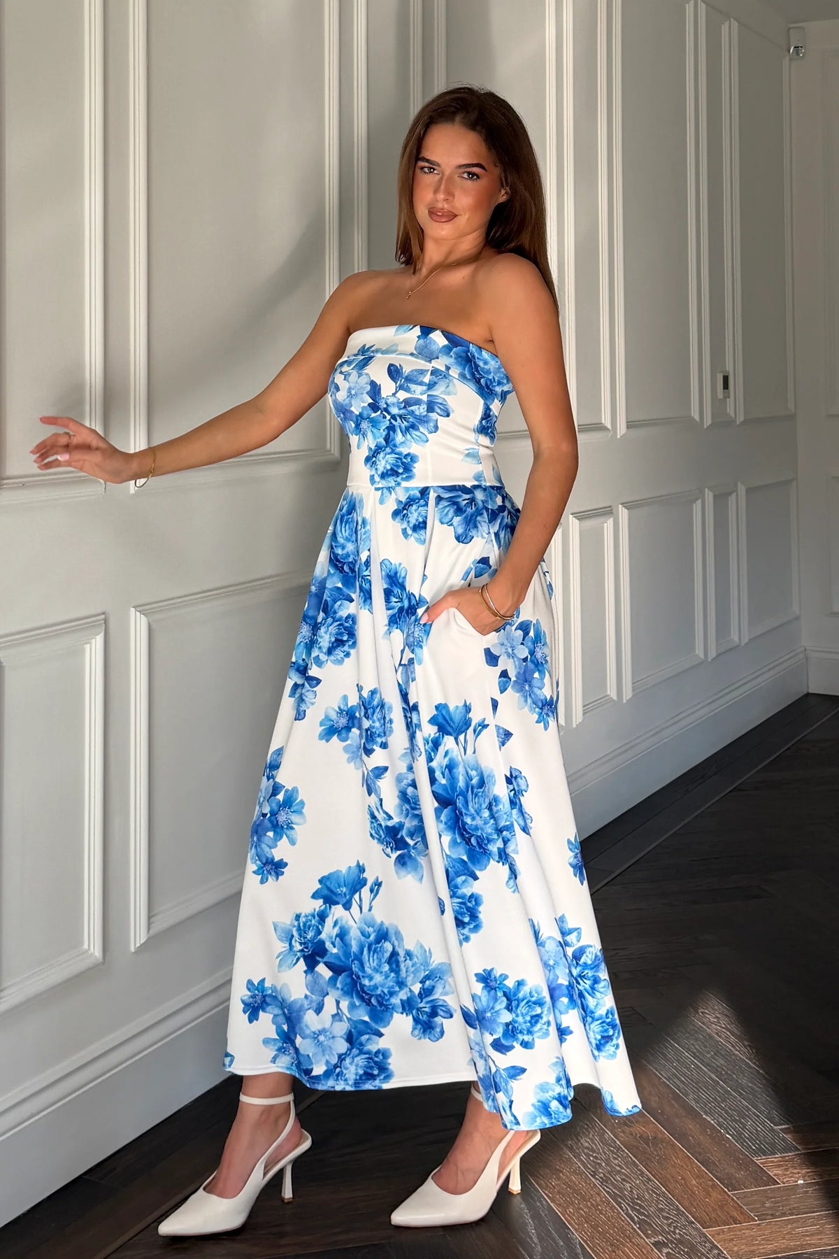 Girl In Mind Danni Strapless Blue Bandeau Floral Dress