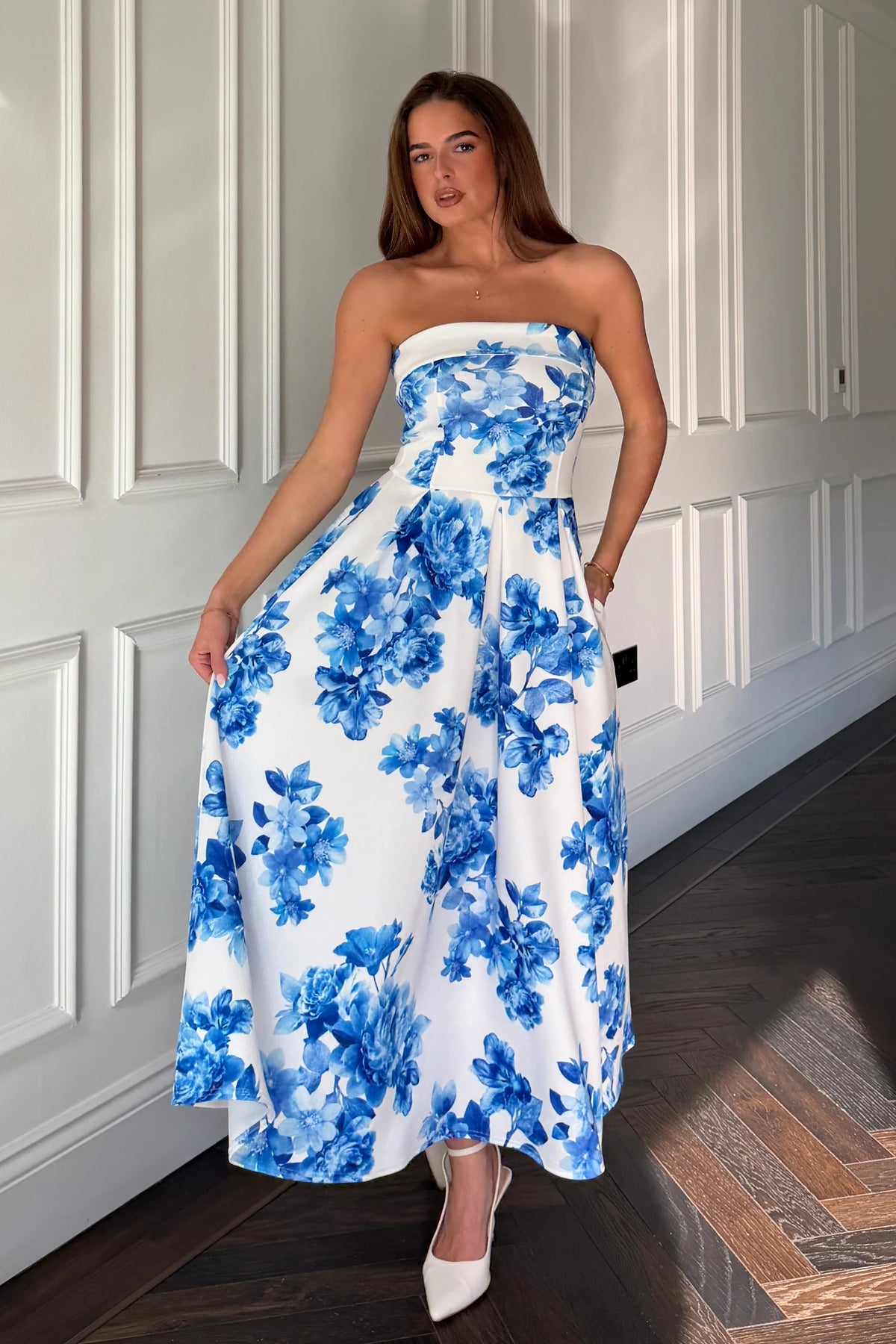 Girl In Mind Danni Strapless Blue Bandeau Floral Dress