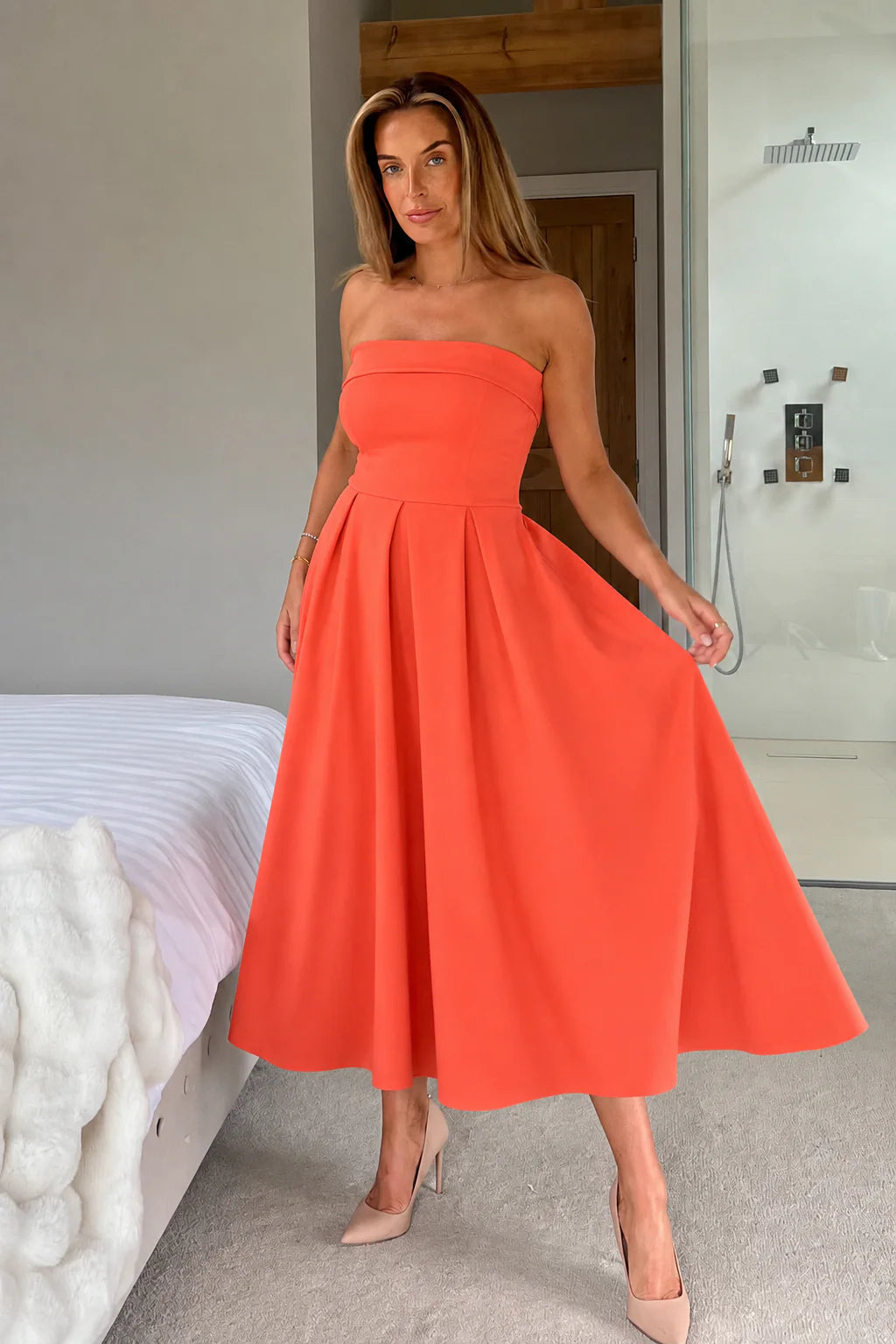 Girl In Mind Danni Strapless Orange Coral Bandeau Dress