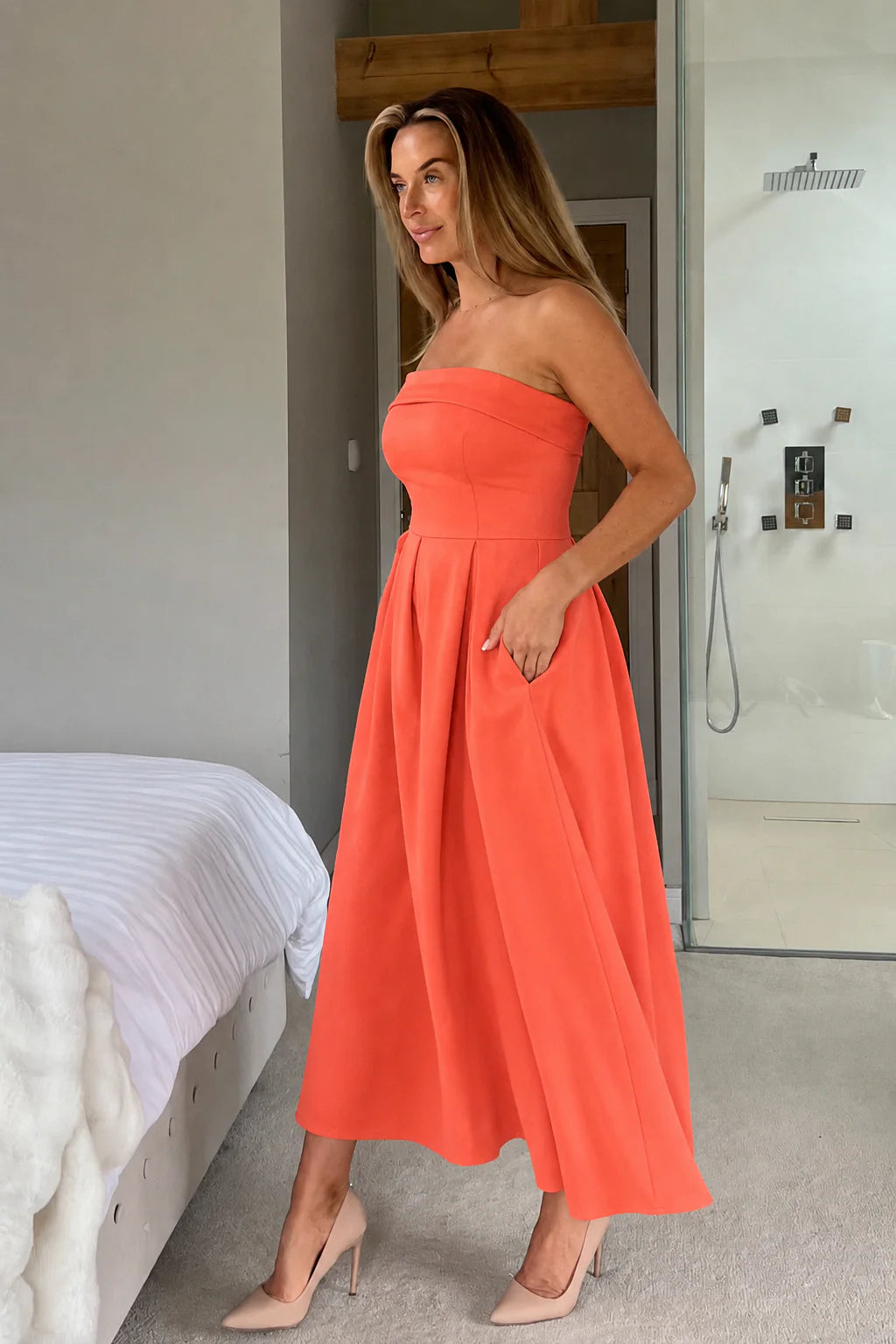 Girl In Mind Danni Strapless Orange Coral Bandeau Dress