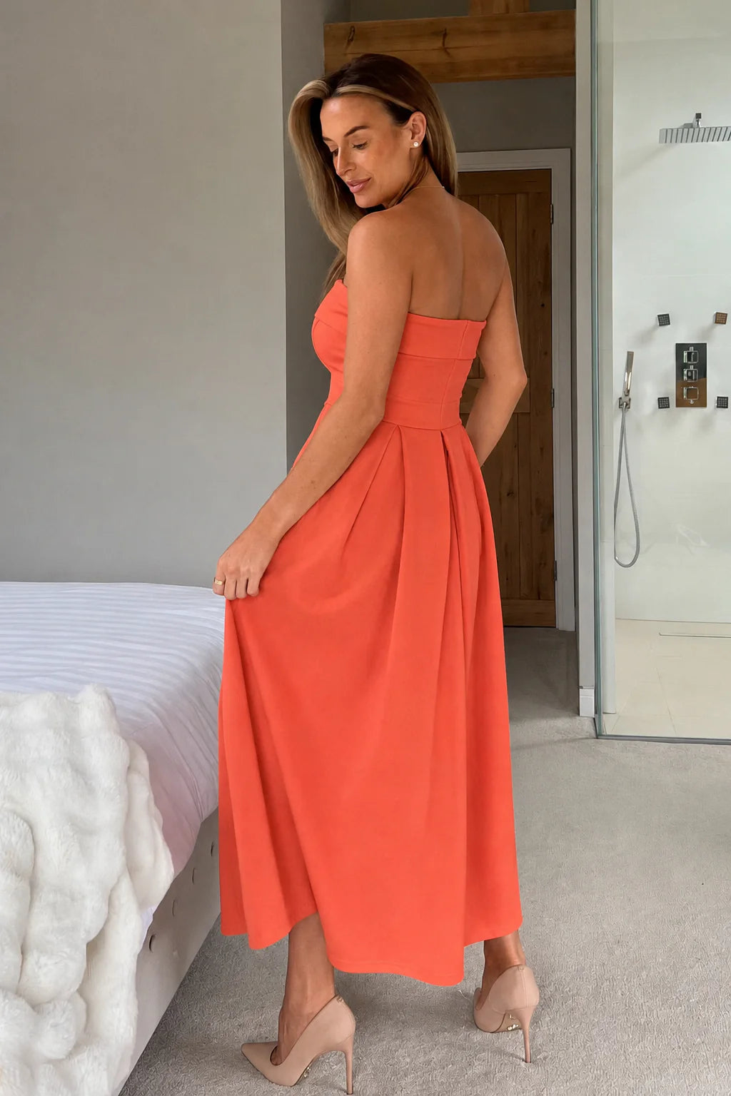 Girl In Mind Danni Strapless Orange Coral Bandeau Dress