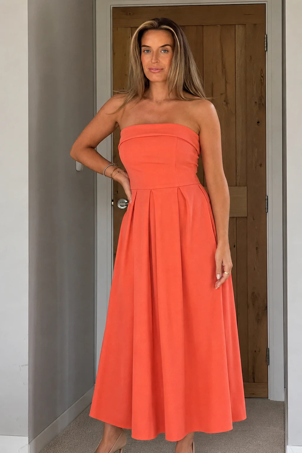 Girl In Mind Danni Strapless Orange Coral Bandeau Dress