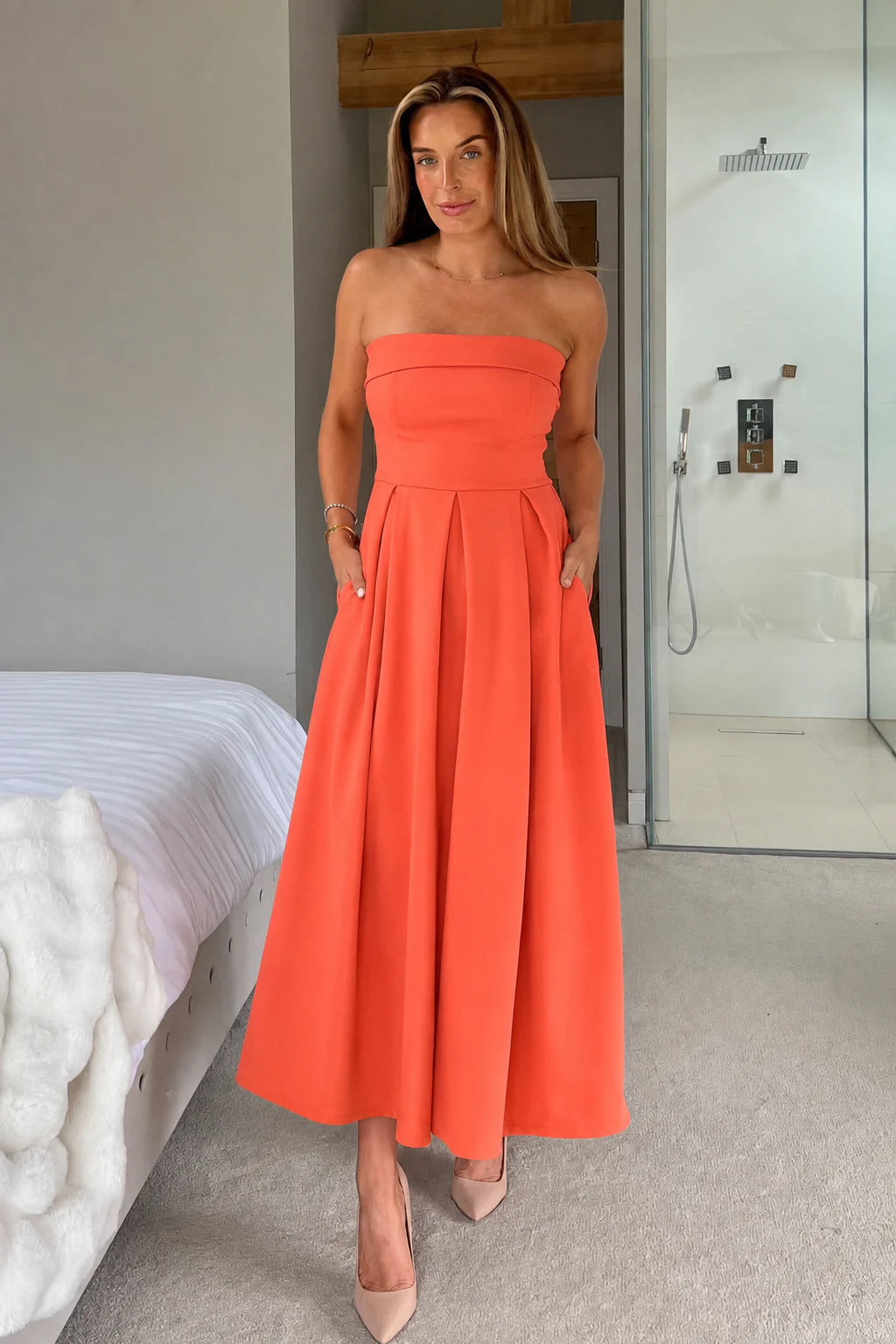 Girl In Mind Danni Strapless Orange Coral Bandeau Dress