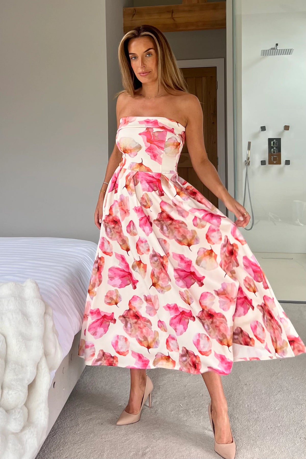 Girl In Mind Danni Strapless Bandeau Yellow Pink Floral Dress