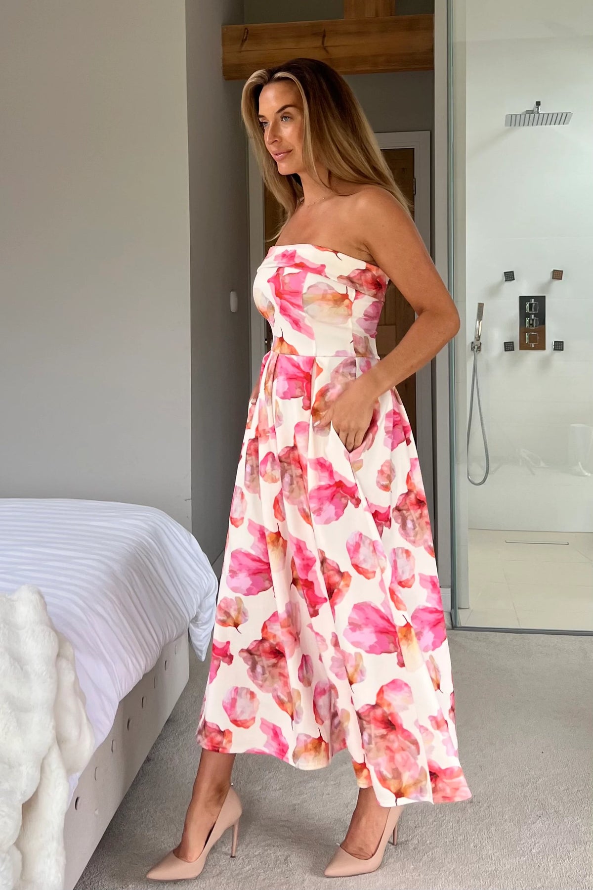 Girl In Mind Danni Strapless Bandeau Yellow Pink Floral Dress