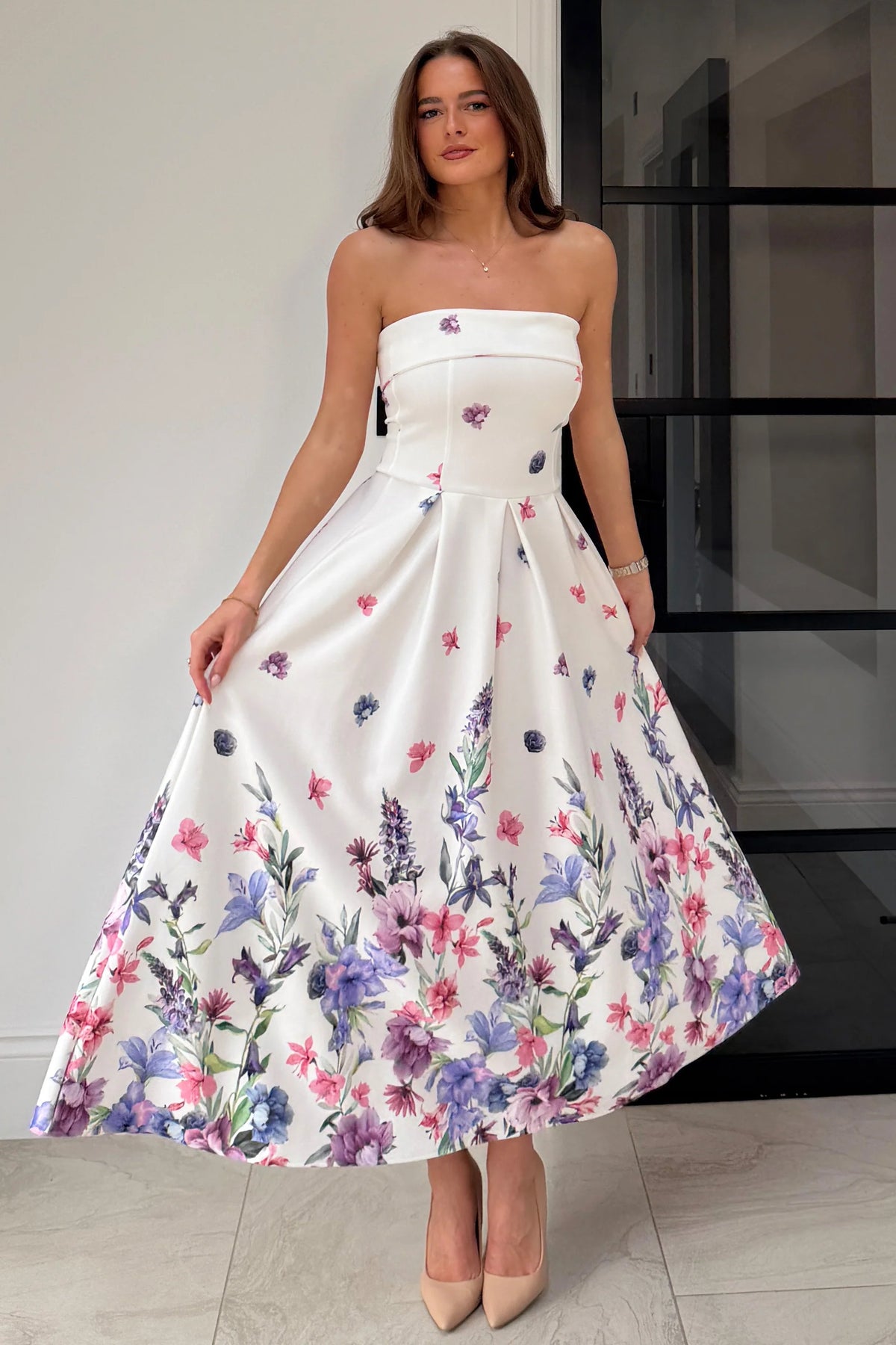 Girl In Mind Danni Strapless Bandeau Ivory Floral Dress