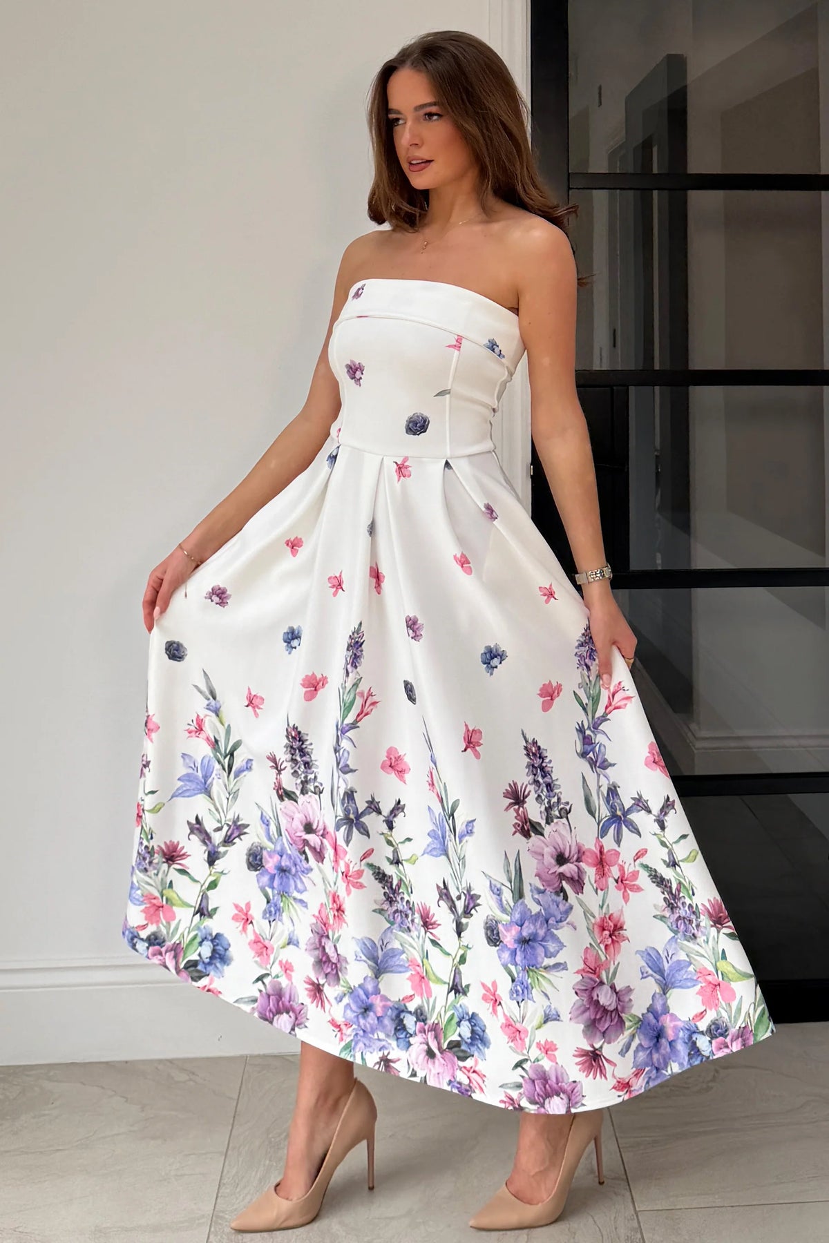 Girl In Mind Danni Strapless Bandeau Ivory Floral Dress