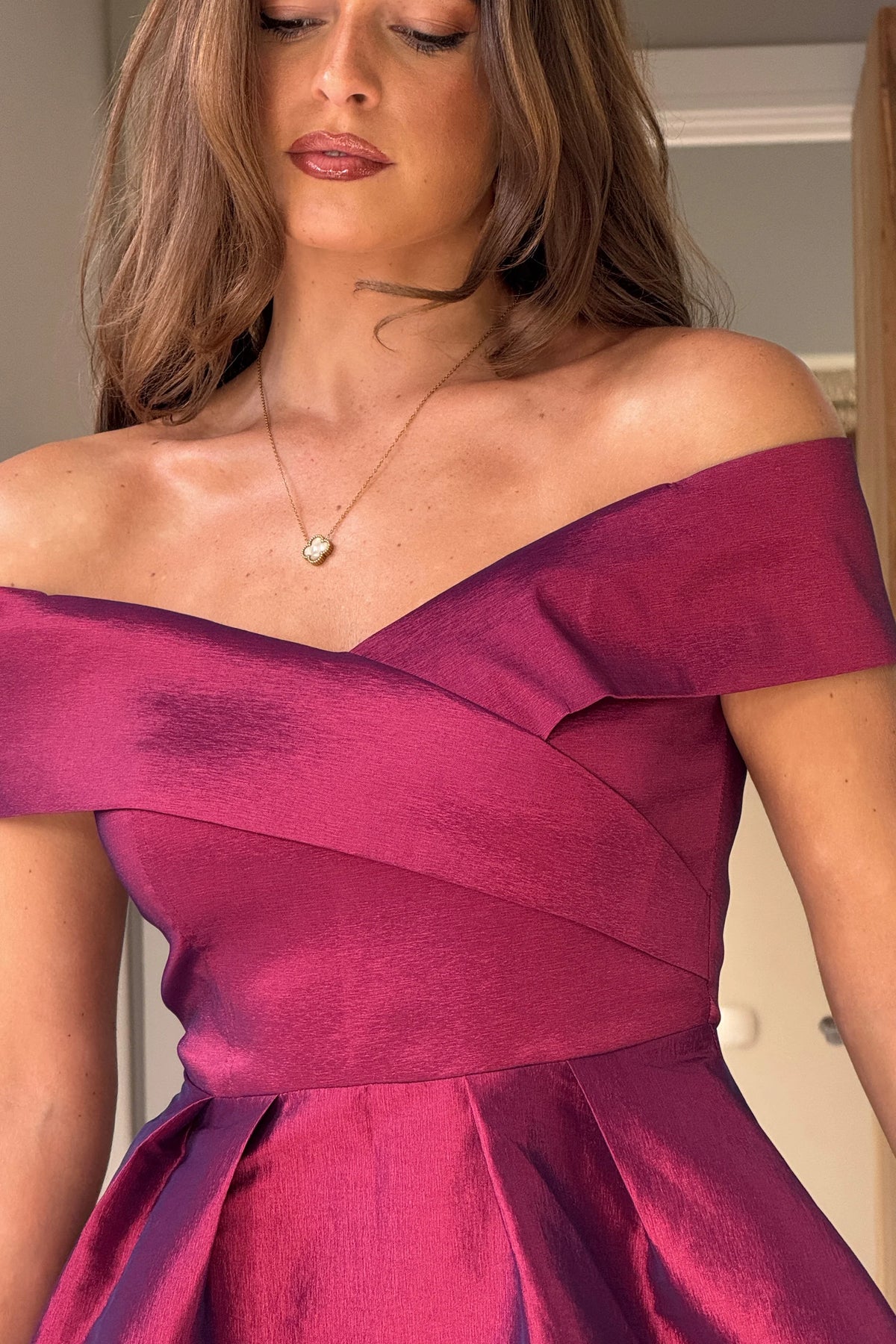 Girl In Mind Daphne Off The Shoulder Skater Plum Midi Dress